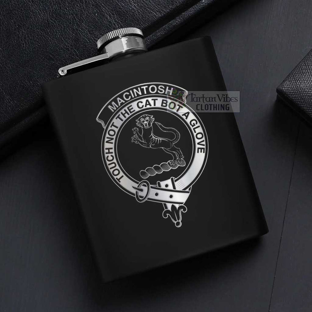 Tartan Vibes Clothing MacIntosh (McIntosh) Crest Hip Flask Set 7oz Black Stainless Steel with A Gift Box