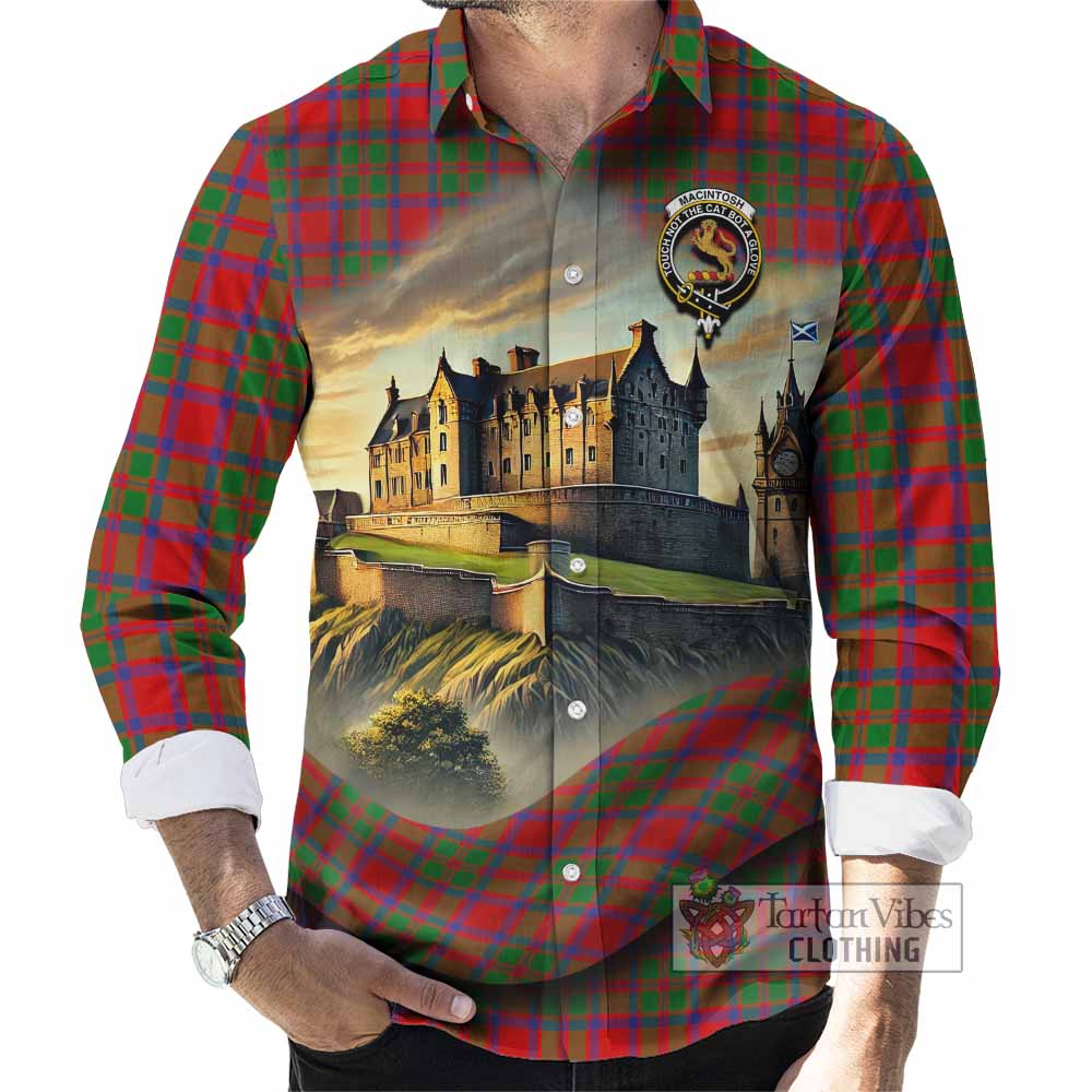 Tartan Vibes Clothing MacIntosh (McIntosh) Tartan Family Crest Long Sleeve Button Shirt with Scottish Ancient Castle Style