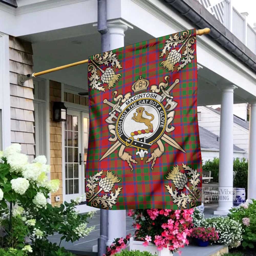 Tartan Vibes Clothing MacIntosh (McIntosh) Tartan Flag with Family Crest and Golden Thistle Crossed Sword Design