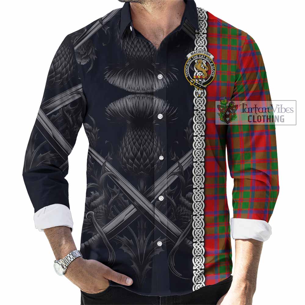 Tartan Vibes Clothing MacIntosh (McIntosh) Tartan Long Sleeve Button Shirt with Family Crest Cross Sword Thistle Celtic Vibes