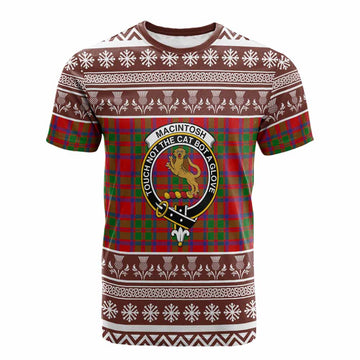 MacIntosh (McIntosh) Clan Tartan Christmas Cotton T-shirt with Family Crest