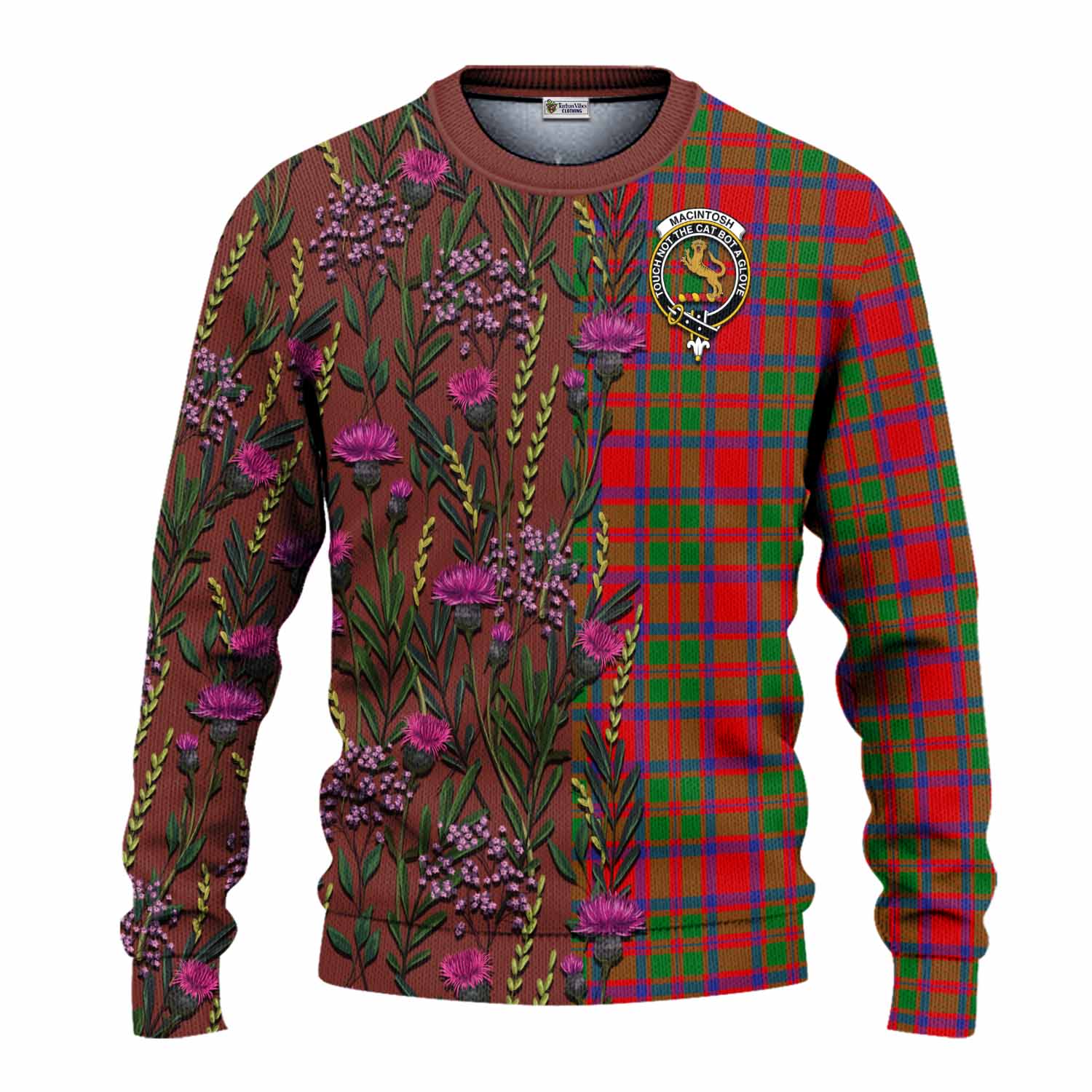 MacIntosh (McIntosh) Family Crest Tartan Knitted Sweater Scottish Thistle Flower Pattern Half Style - Tartan Vibes Clothing