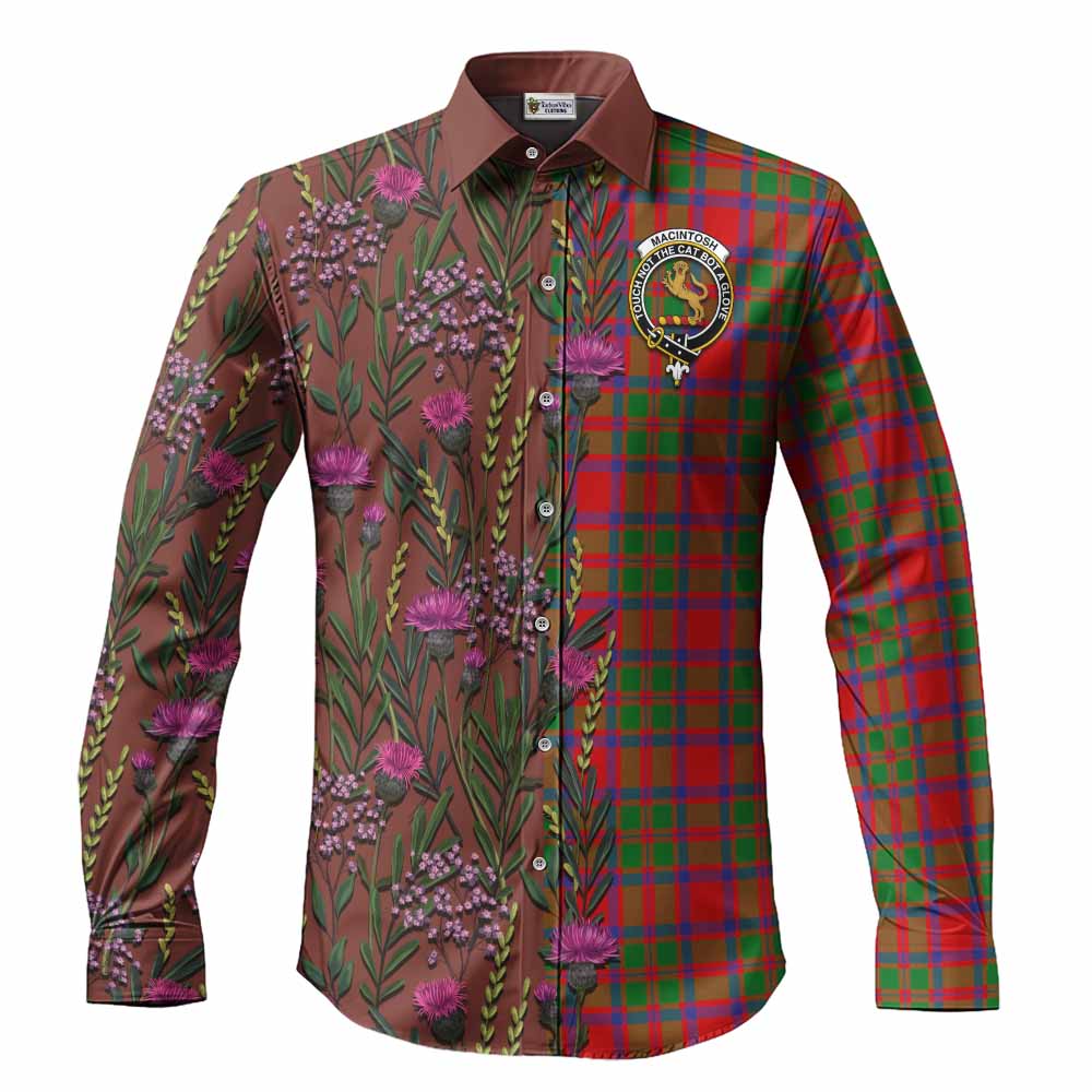 MacIntosh (McIntosh) Family Crest Tartan Long Sleeve Button Shirts Scottish Thistle Flower Pattern Half Style - Tartan Vibes Clothing