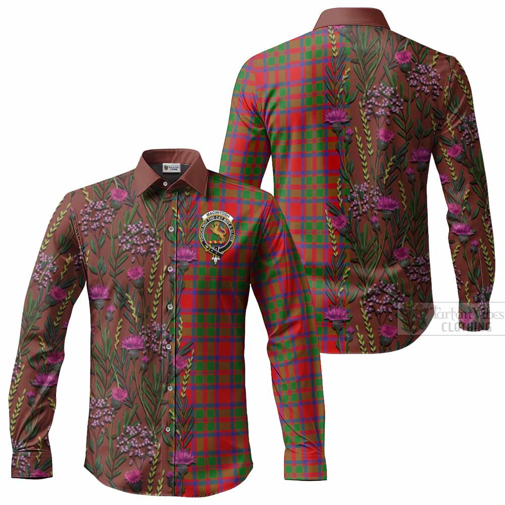 MacIntosh (McIntosh) Family Crest Tartan Long Sleeve Button Shirts Scottish Thistle Flower Pattern Half Style - Tartan Vibes Clothing