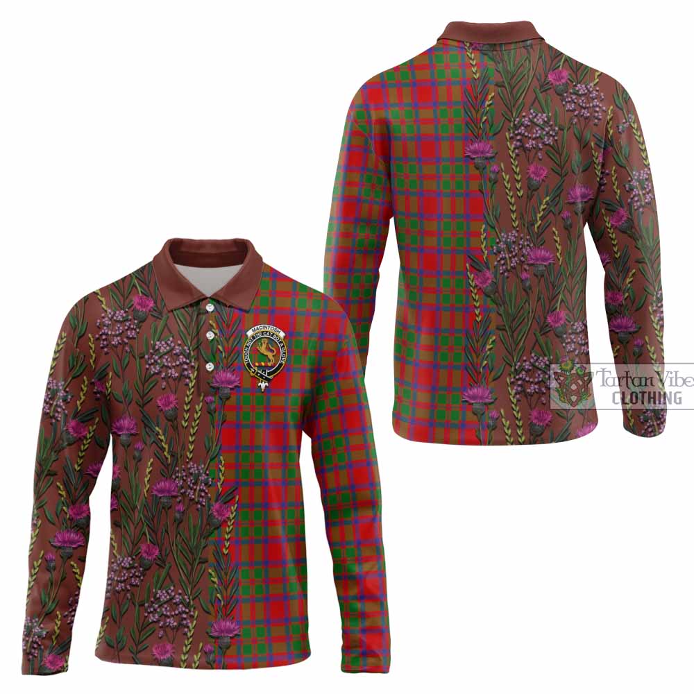 MacIntosh (McIntosh) Family Crest Tartan Long Sleeve Polo Shirt Scottish Thistle Flower Pattern Half Style - Tartan Vibes Clothing