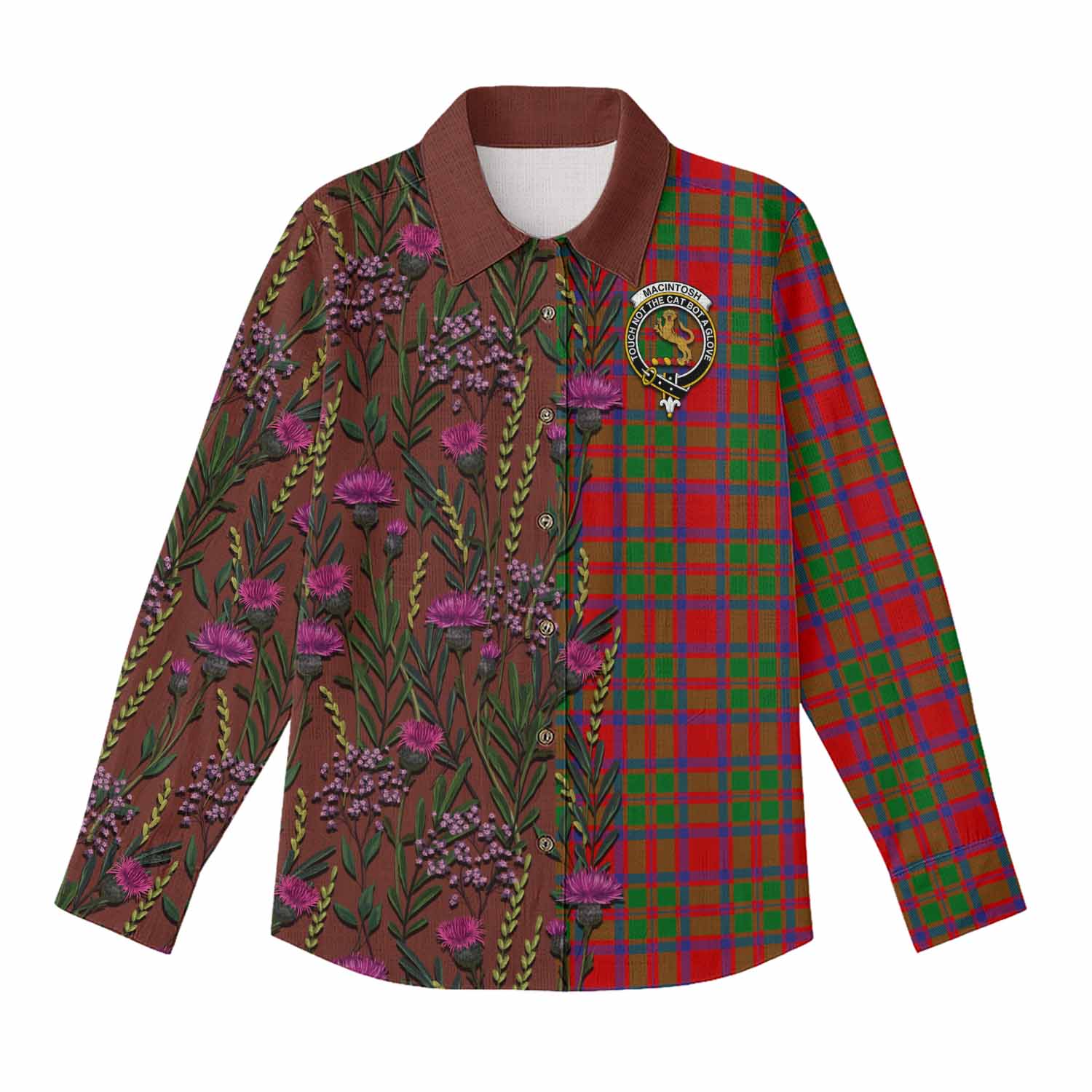 MacIntosh (McIntosh) Family Crest Tartan Women Casual Shirt Scottish Thistle Flower Pattern Half Style - Tartan Vibes Clothing