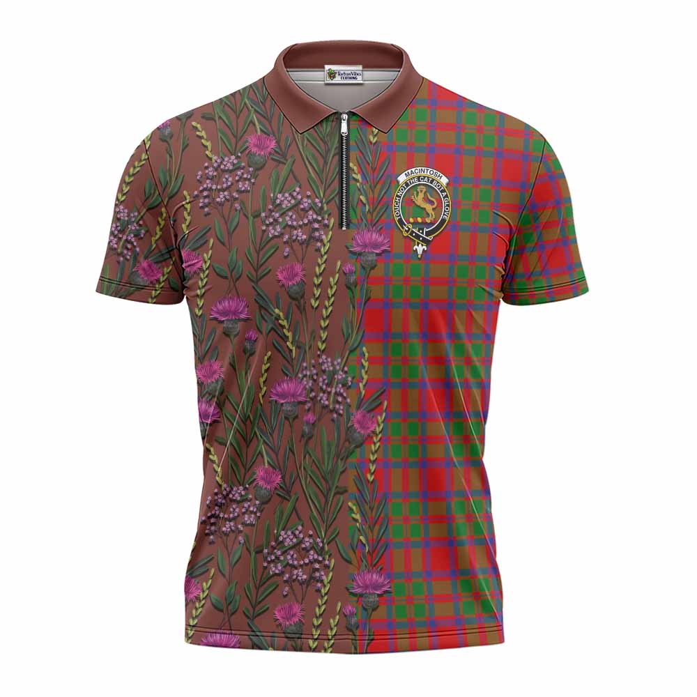 MacIntosh (McIntosh) Family Crest Tartan Zipper Polo Shirt Scottish Thistle Flower Pattern Half Style - Tartan Vibes Clothing