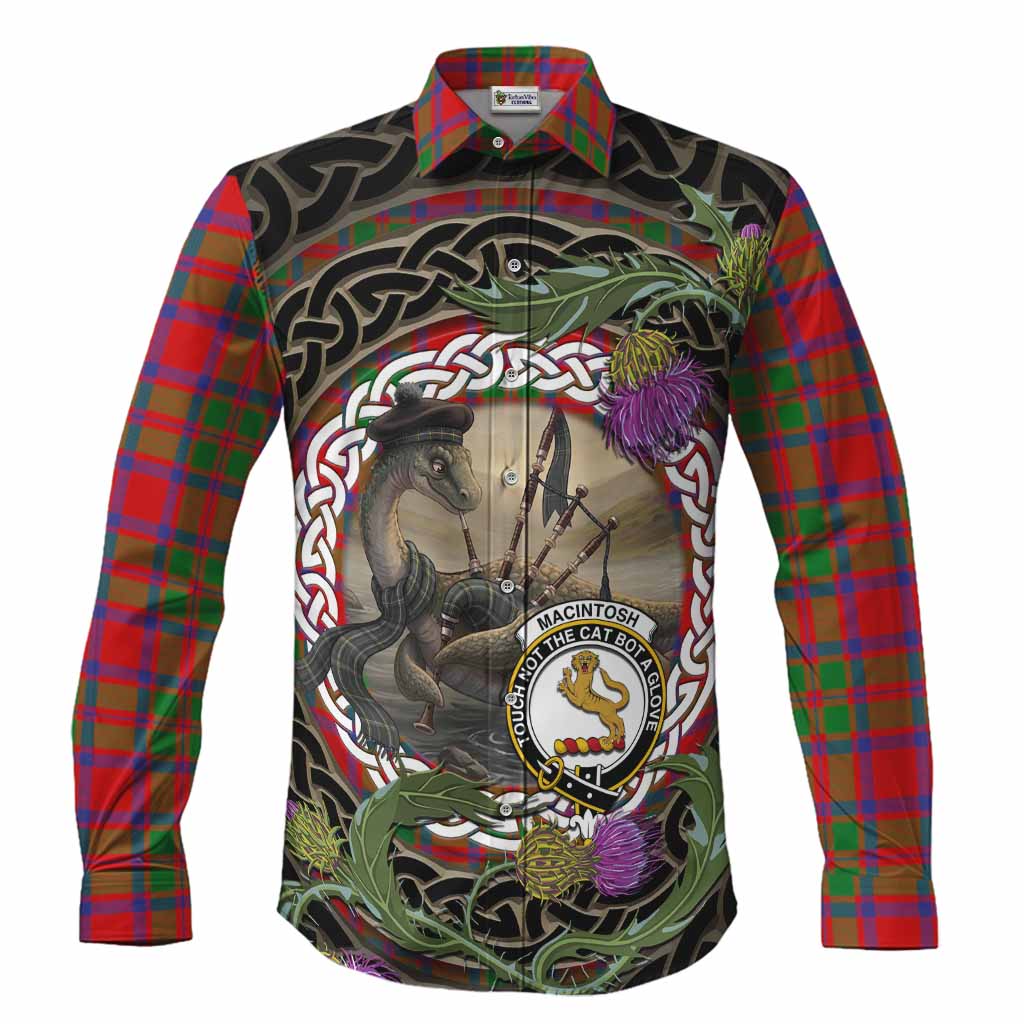 MacIntosh (McIntosh) Tartan Crest Bagpipe Nessie Long Sleeve Button Shirts Scottish Loch Ness Monster Celtic Thistle