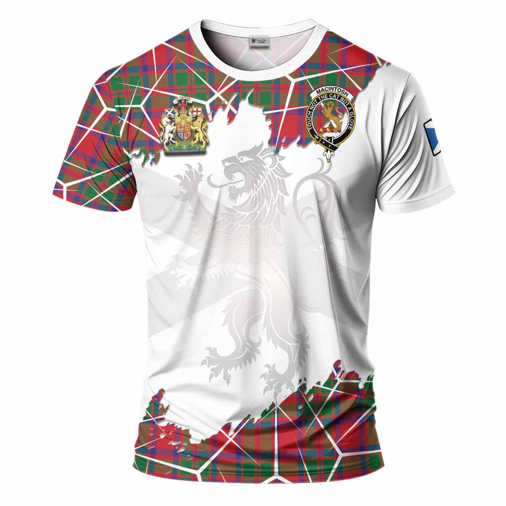 MacIntosh (McIntosh) Tartan T-Shirt with Family Crest and Lion Rampant Grunge Style