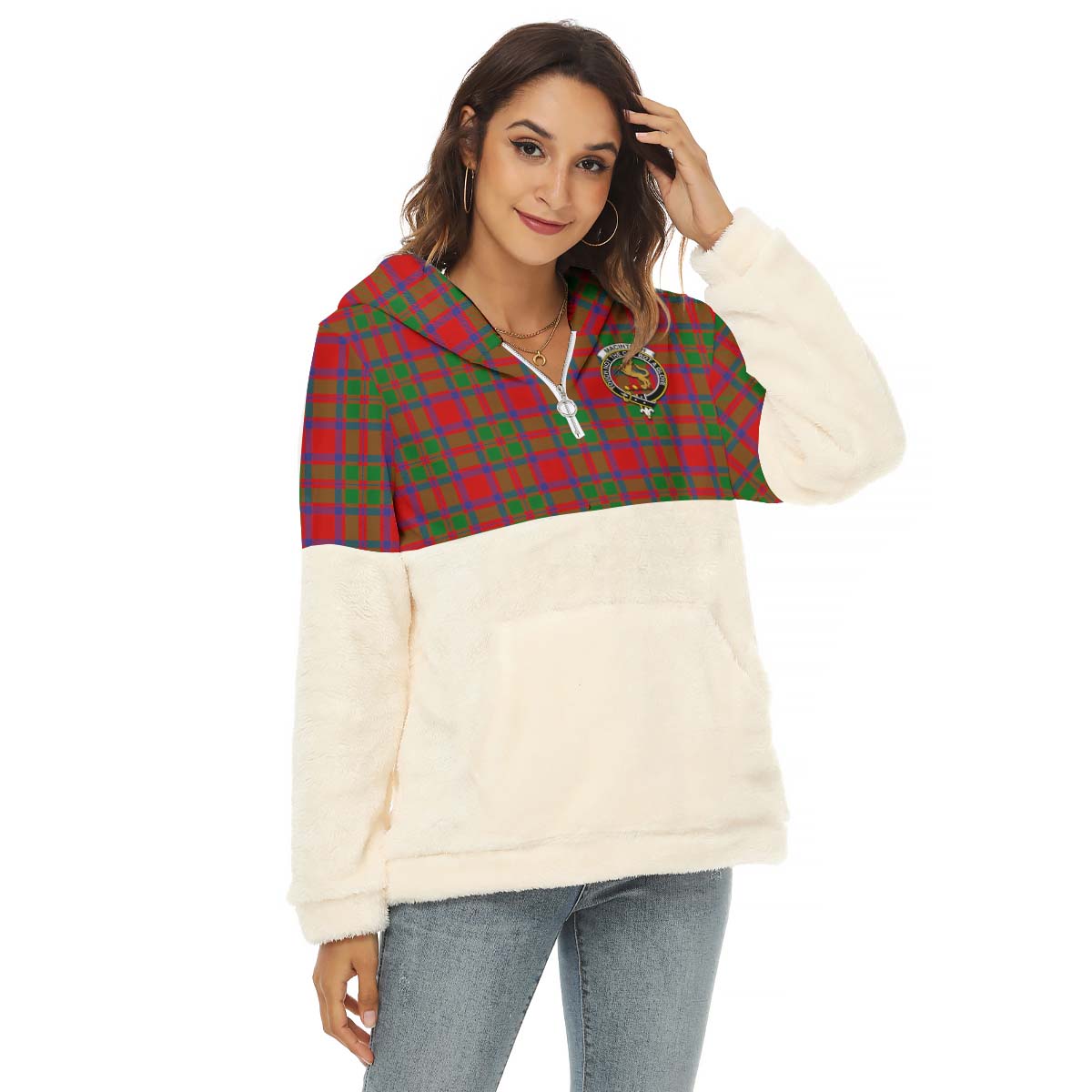 MacIntosh (McIntosh) Tartan Half Style Women's Borg Fleece Hoodie with Half Zip with Family Crest Female - Tartan Vibes Clothing