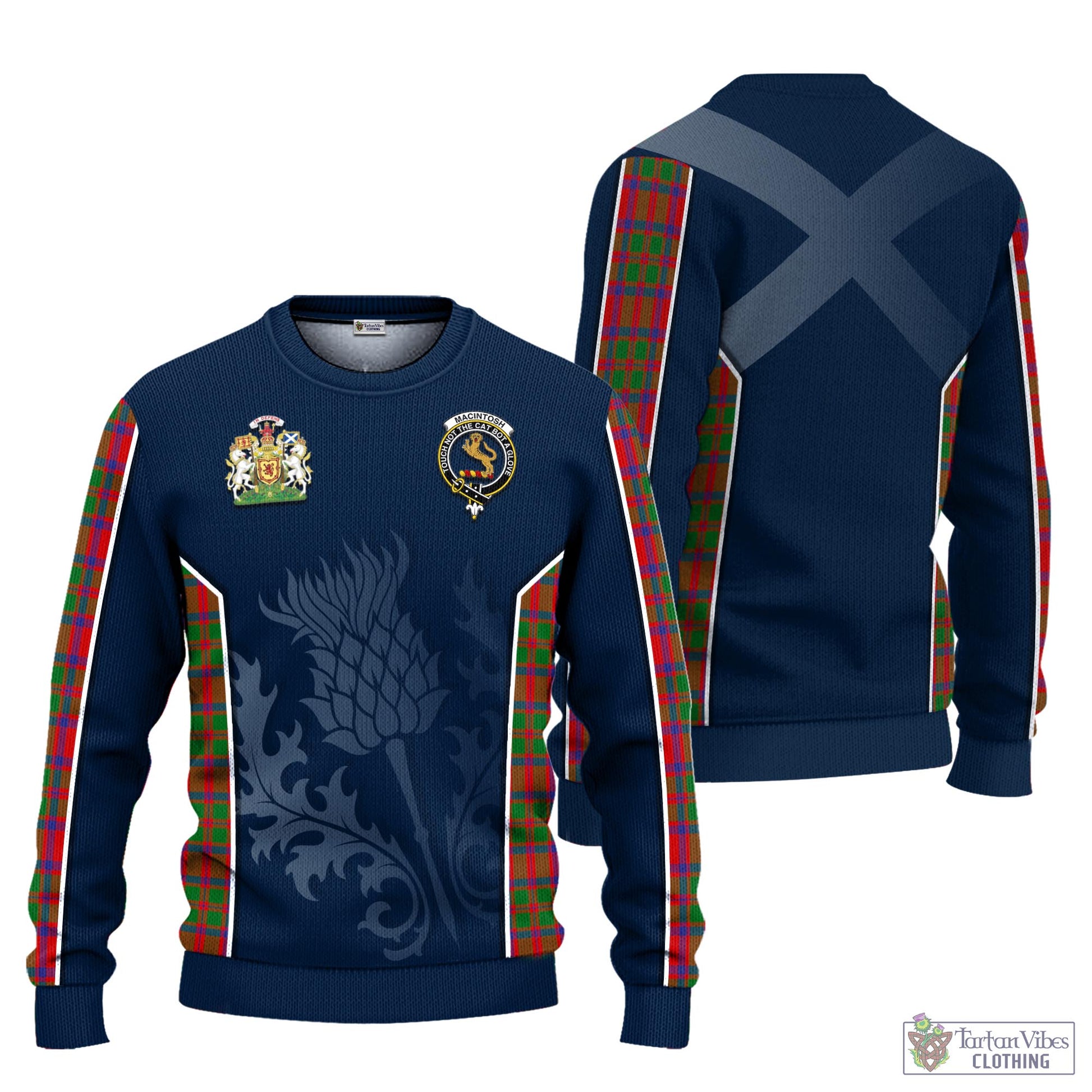 MacIntosh (McIntosh) Tartan Knitted Sweatshirt with Family Crest and Scottish Thistle Vibes Sport Style Unisex - Tartan Vibes Clothing