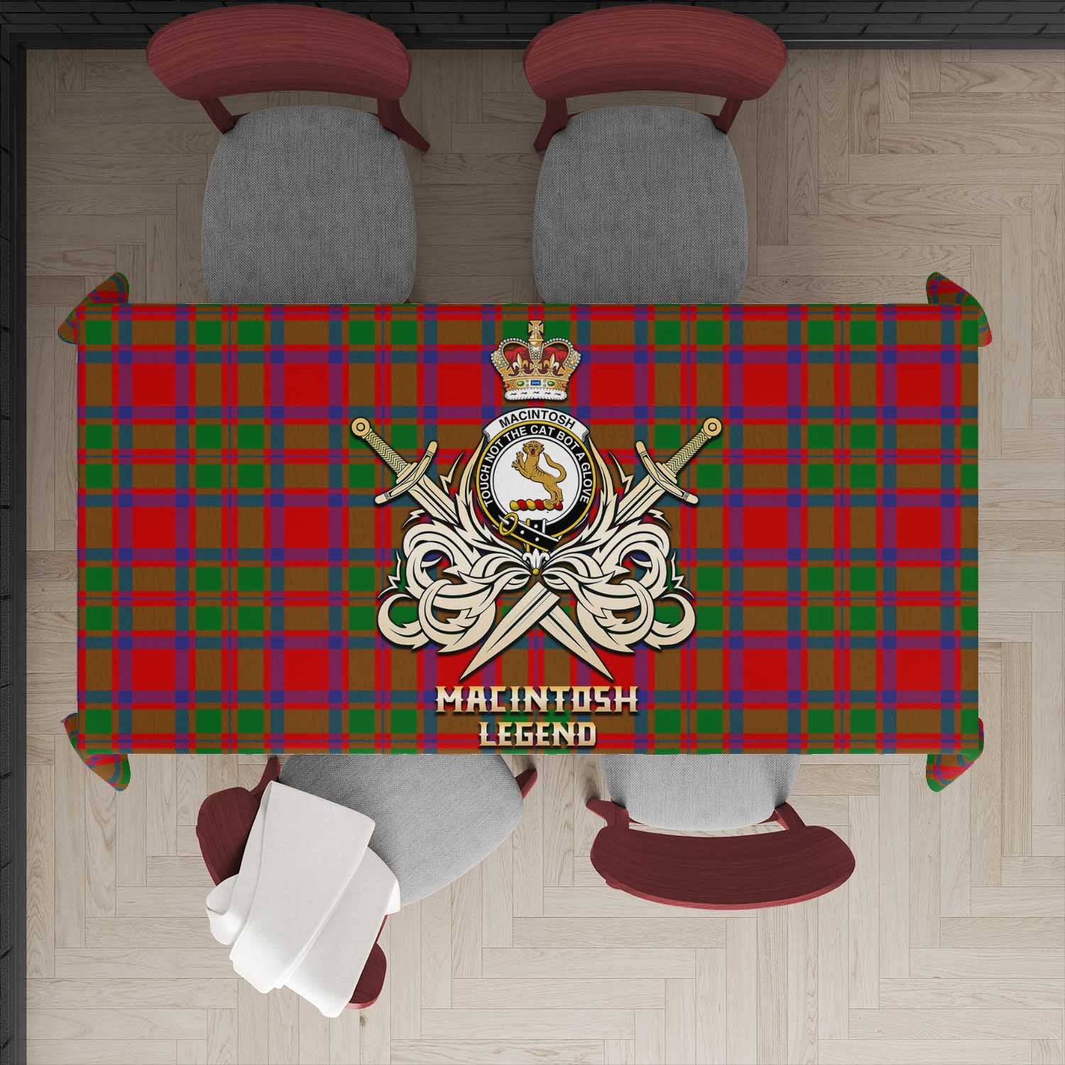 MacIntosh (McIntosh) Tartan Tablecloth with Clan Crest and the Golden Sword of Courageous Legacy - Tartan Vibes Clothing