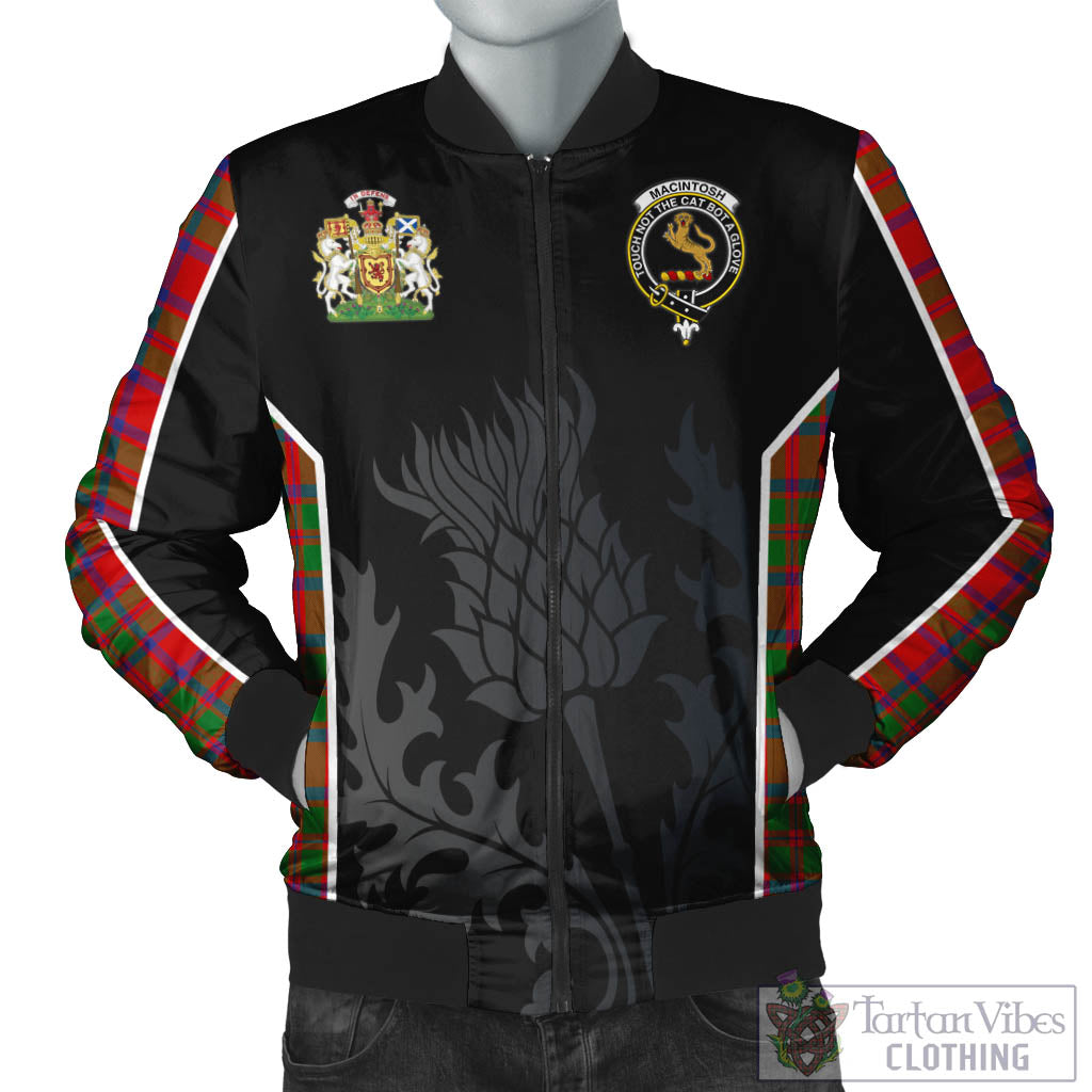 MacIntosh (McIntosh) Tartan Bomber Jacket with Family Crest and Scottish Thistle Vibes Sport Style Unisex Black - Tartan Vibes Clothing