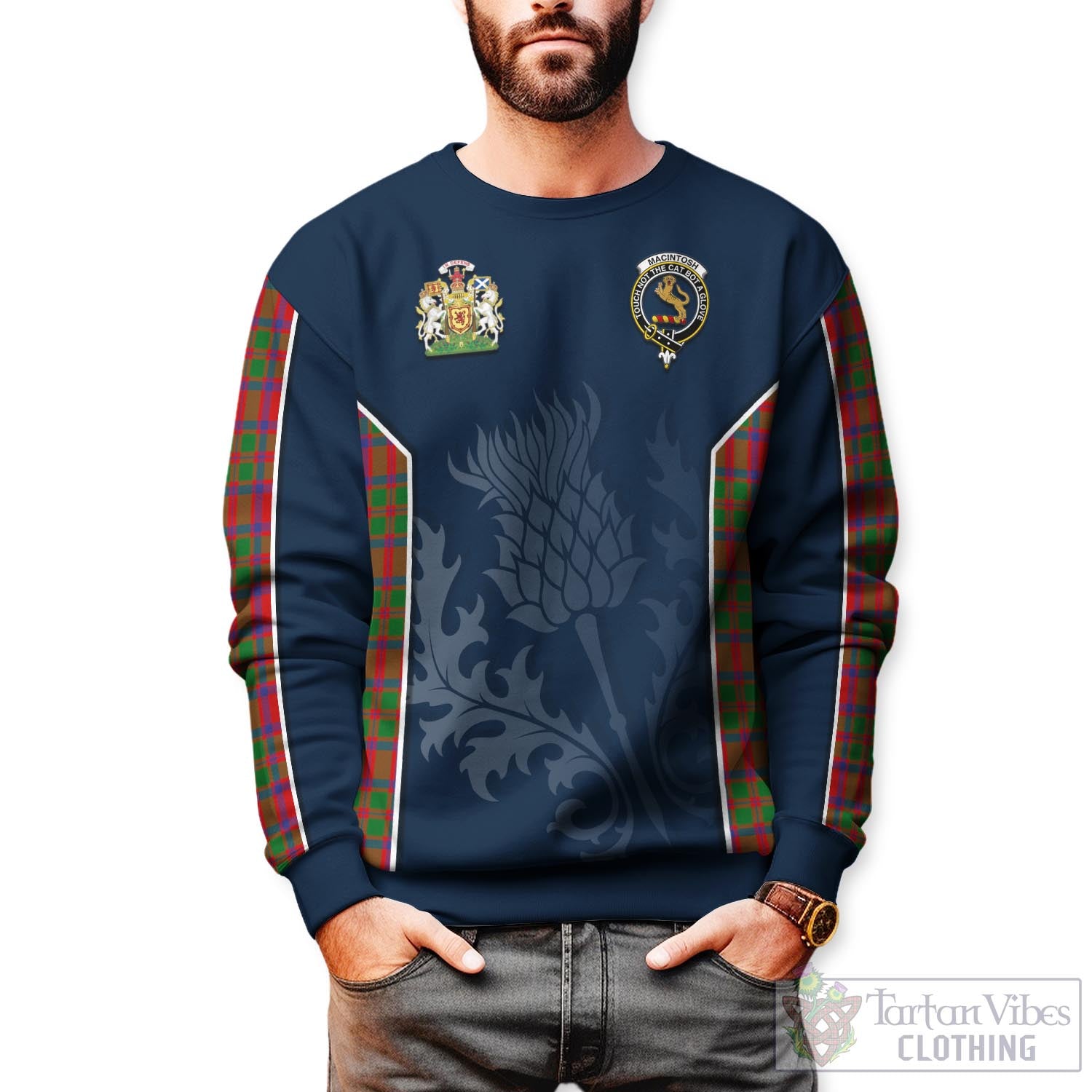 MacIntosh (McIntosh) Tartan Sweatshirt with Family Crest and Scottish Thistle Vibes Sport Style Unisex - Tartan Vibes Clothing