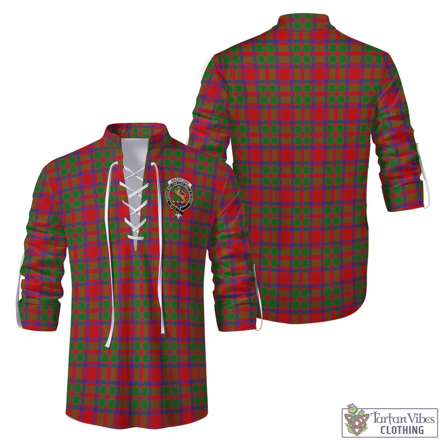 Tartan Vibes Clothing MacIntosh Modern Tartan Men's Scottish Traditional Jacobite Ghillie Kilt Shirt with Family Crest