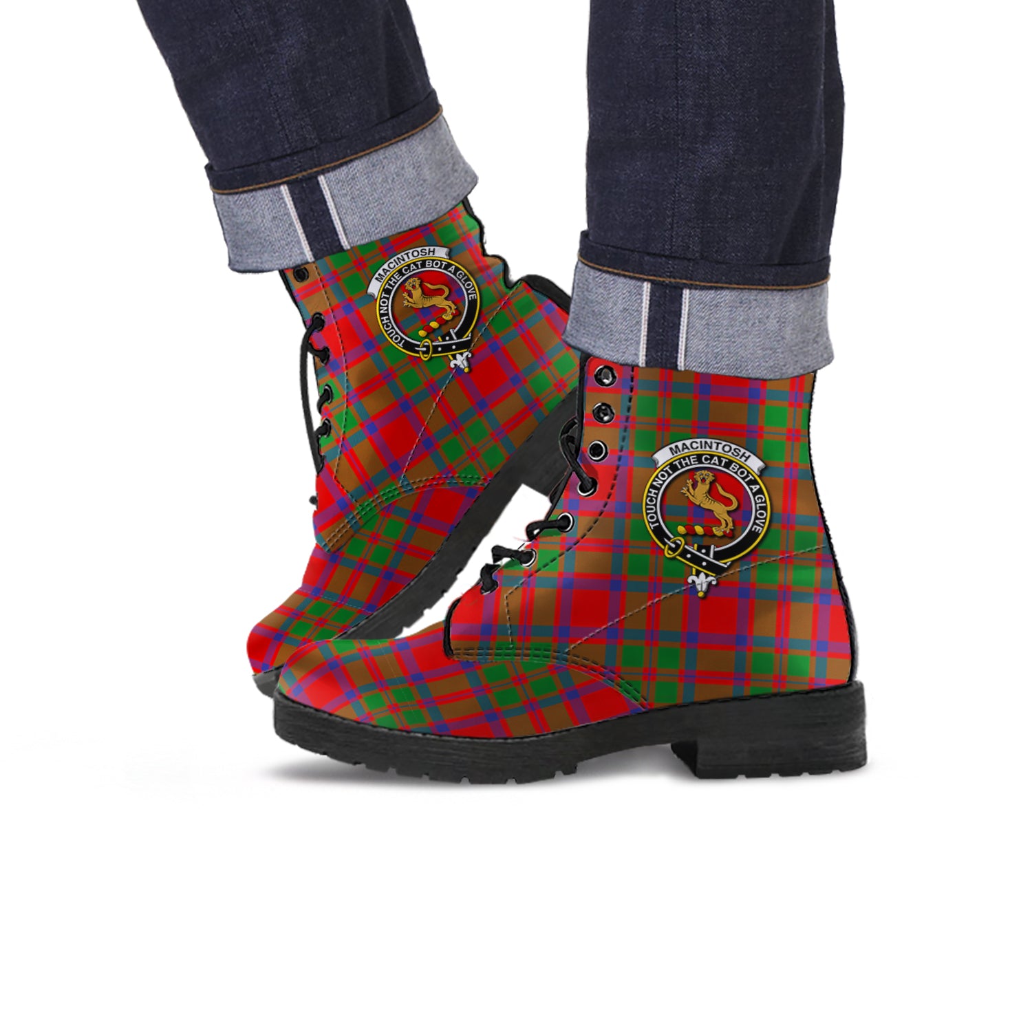 MacIntosh (McIntosh) Tartan Leather Boots with Family Crest Men' Boots - Tartan Vibes Clothing