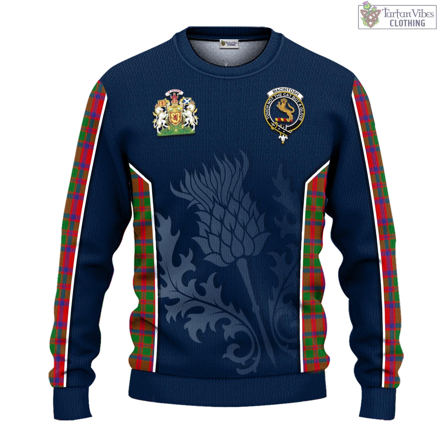 MacIntosh (McIntosh) Tartan Knitted Sweatshirt with Family Crest and Scottish Thistle Vibes Sport Style - Tartan Vibes Clothing