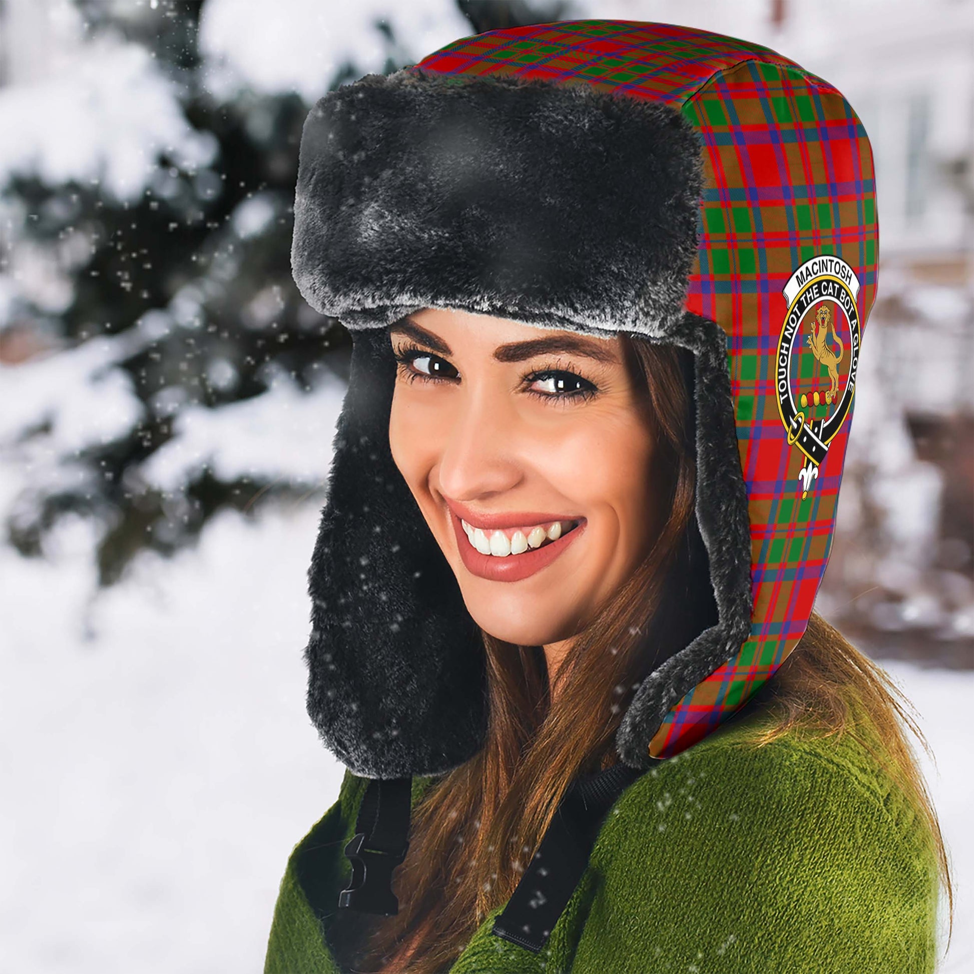 MacIntosh (McIntosh) Tartan Winter Trapper Hat with Family Crest - Tartan Vibes Clothing