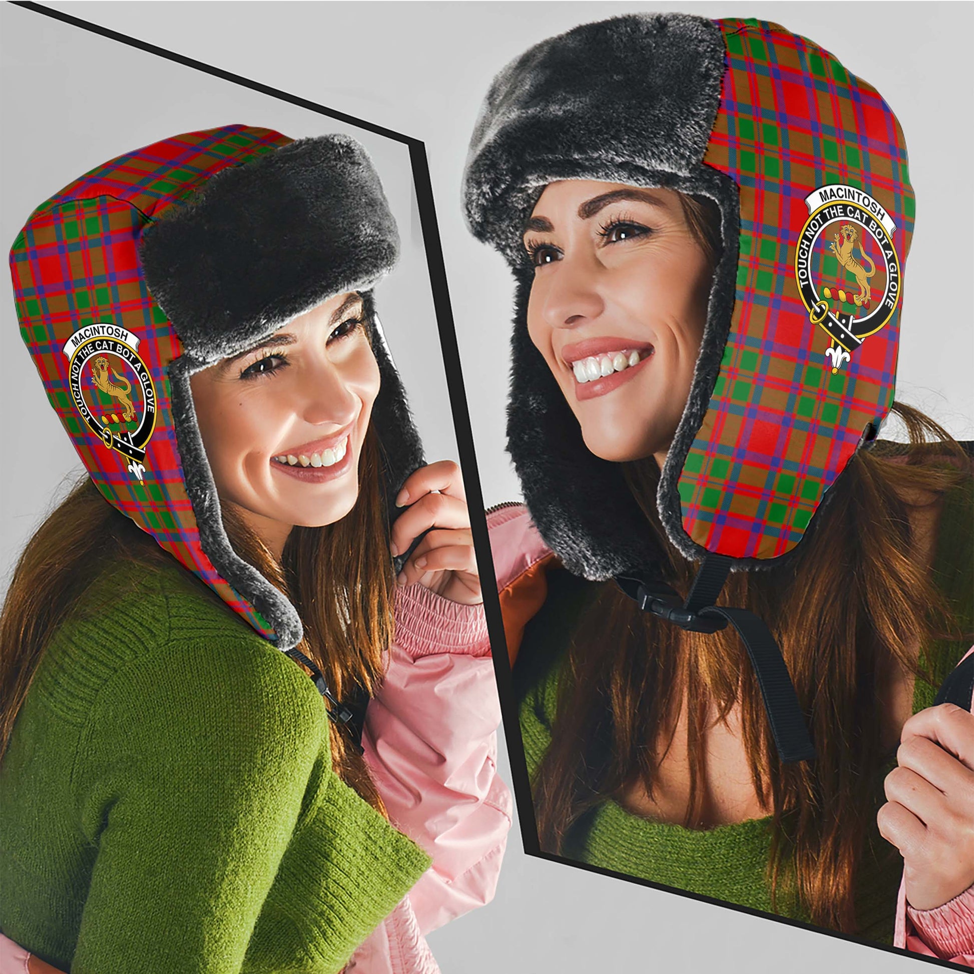 MacIntosh (McIntosh) Tartan Winter Trapper Hat with Family Crest - Tartan Vibes Clothing