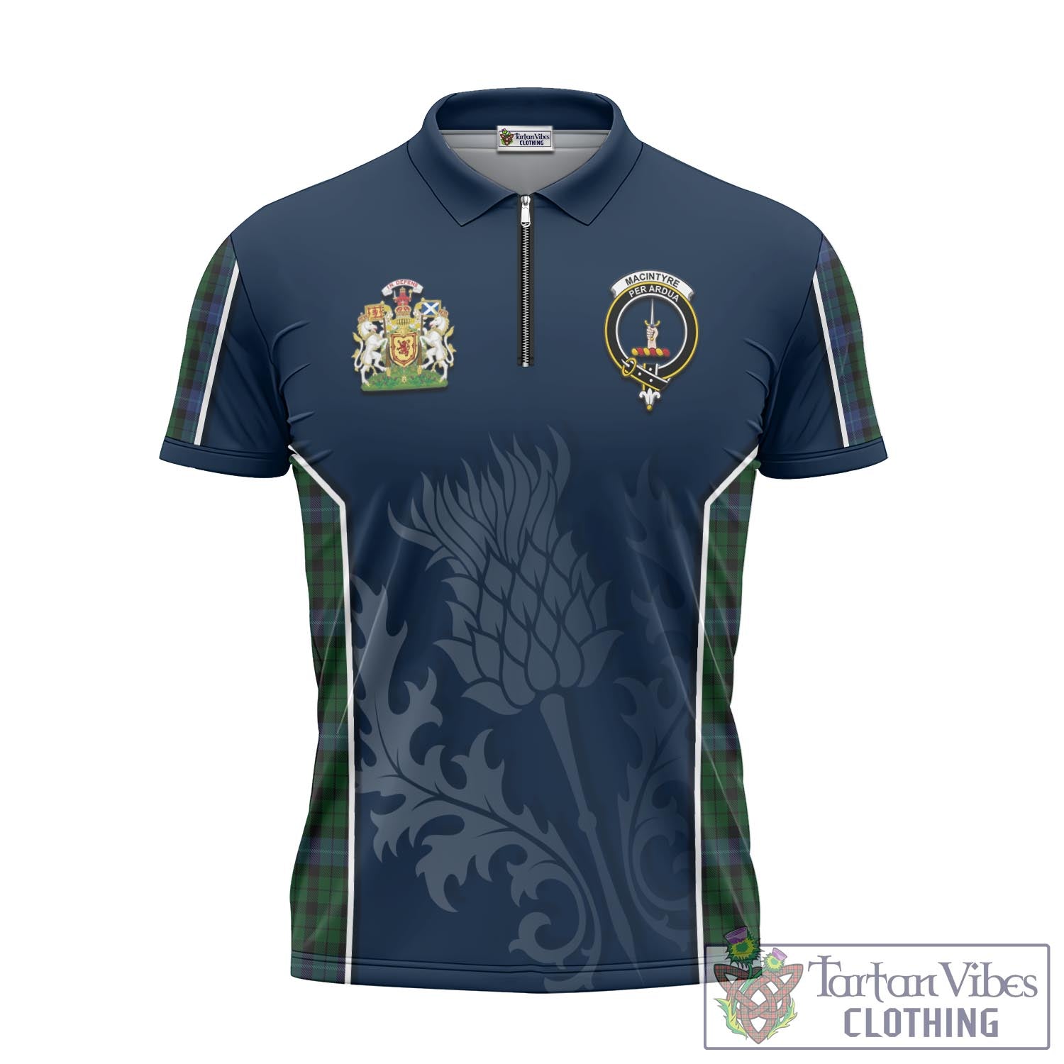 Tartan Vibes Clothing MacIntyre Tartan Zipper Polo Shirt with Family Crest and Scottish Thistle Vibes Sport Style