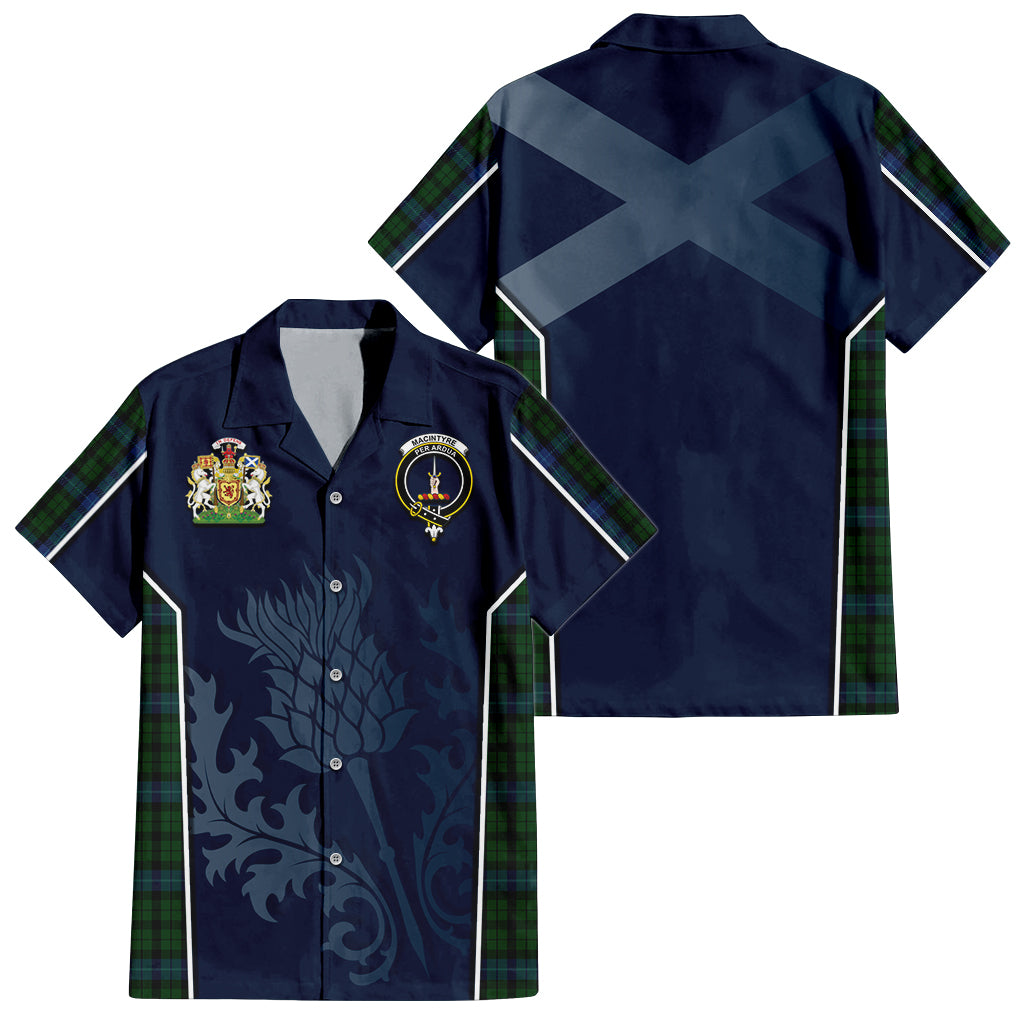 Tartan Vibes Clothing MacIntyre Tartan Short Sleeve Button Up Shirt with Family Crest and Scottish Thistle Vibes Sport Style