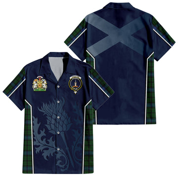 MacIntyre Tartan Short Sleeve Button Up Shirt with Family Crest and Scottish Thistle Vibes Sport Style