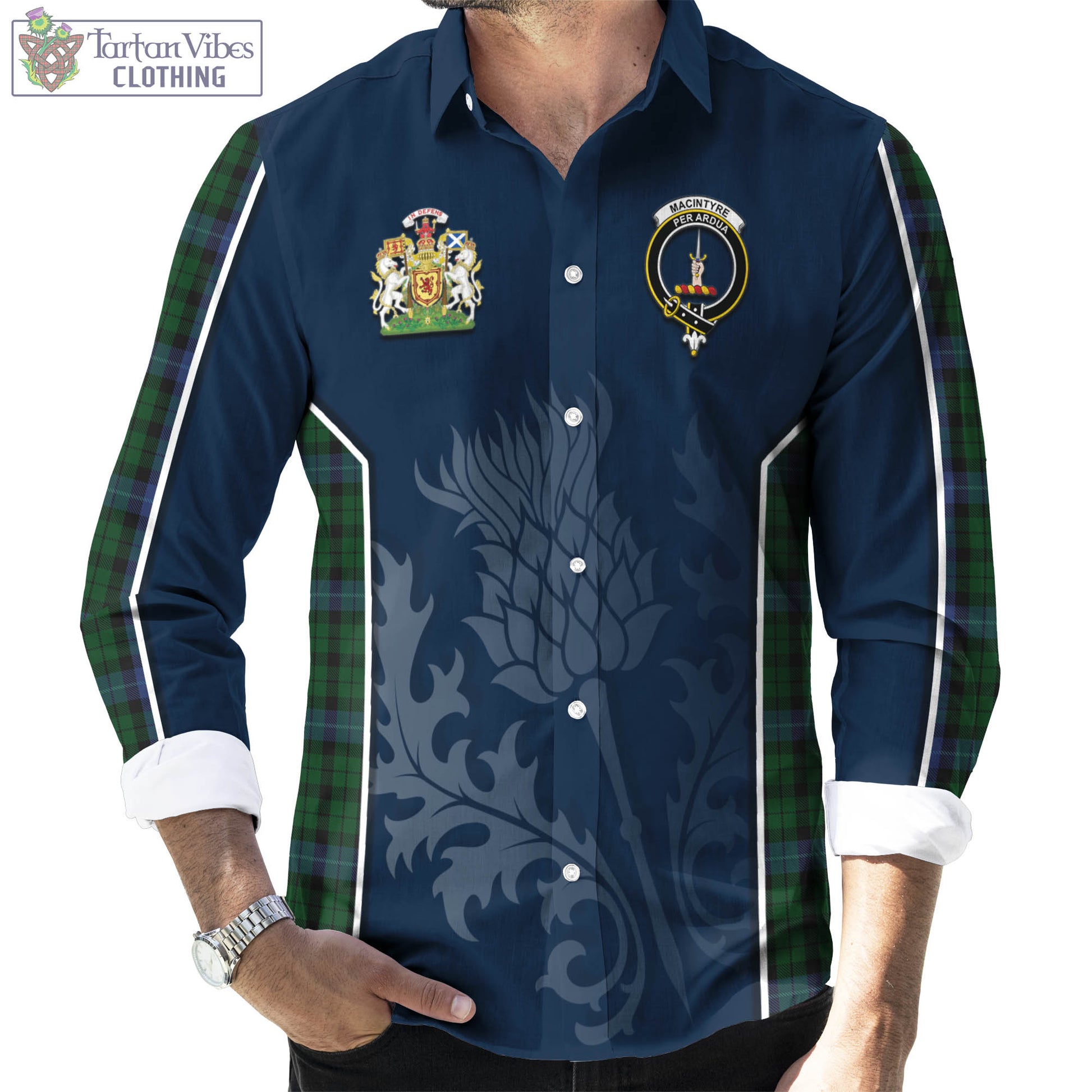 Tartan Vibes Clothing MacIntyre Tartan Long Sleeve Button Up Shirt with Family Crest and Scottish Thistle Vibes Sport Style