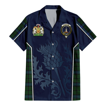 MacIntyre Tartan Short Sleeve Button Up Shirt with Family Crest and Scottish Thistle Vibes Sport Style