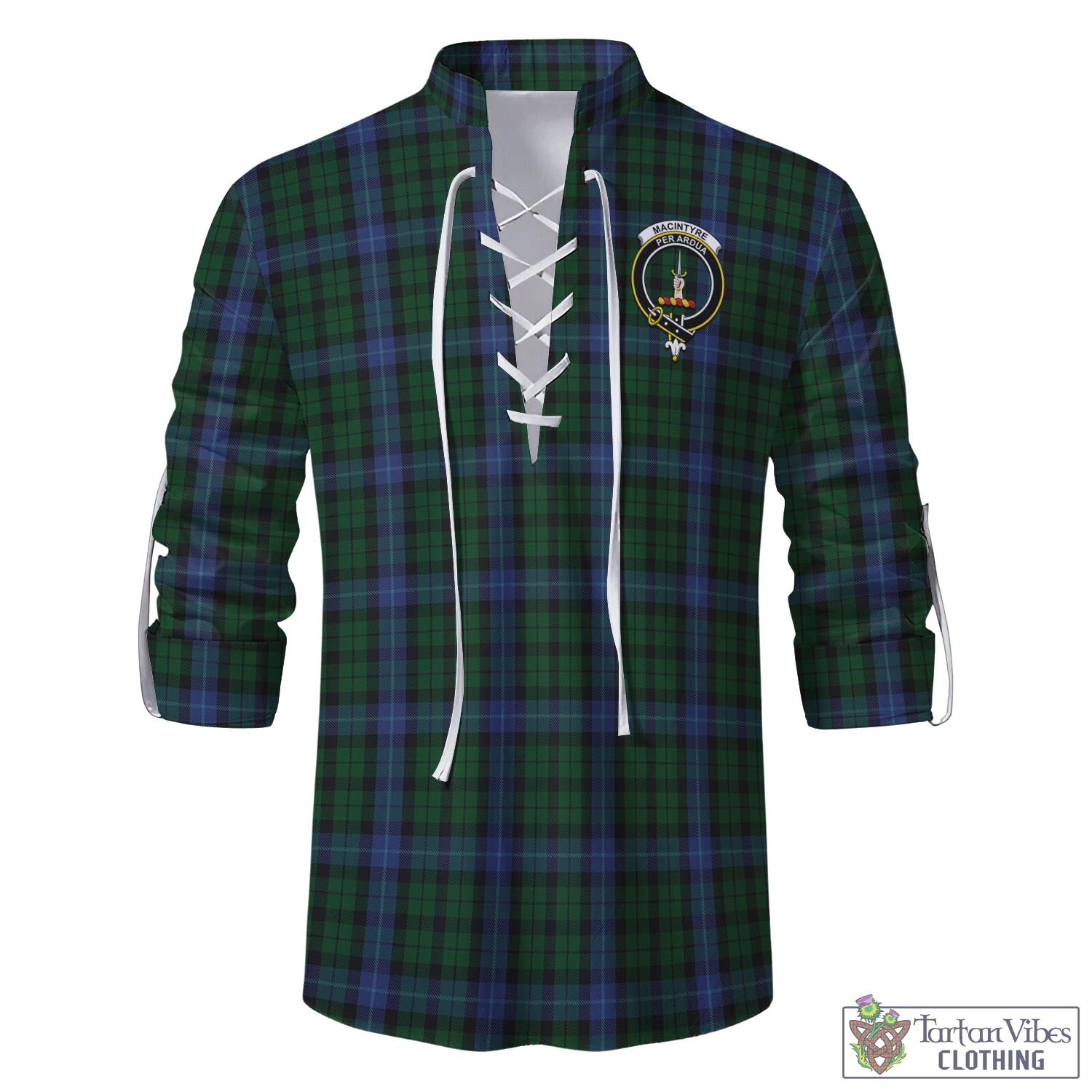 Tartan Vibes Clothing MacIntyre Tartan Men's Scottish Traditional Jacobite Ghillie Kilt Shirt with Family Crest