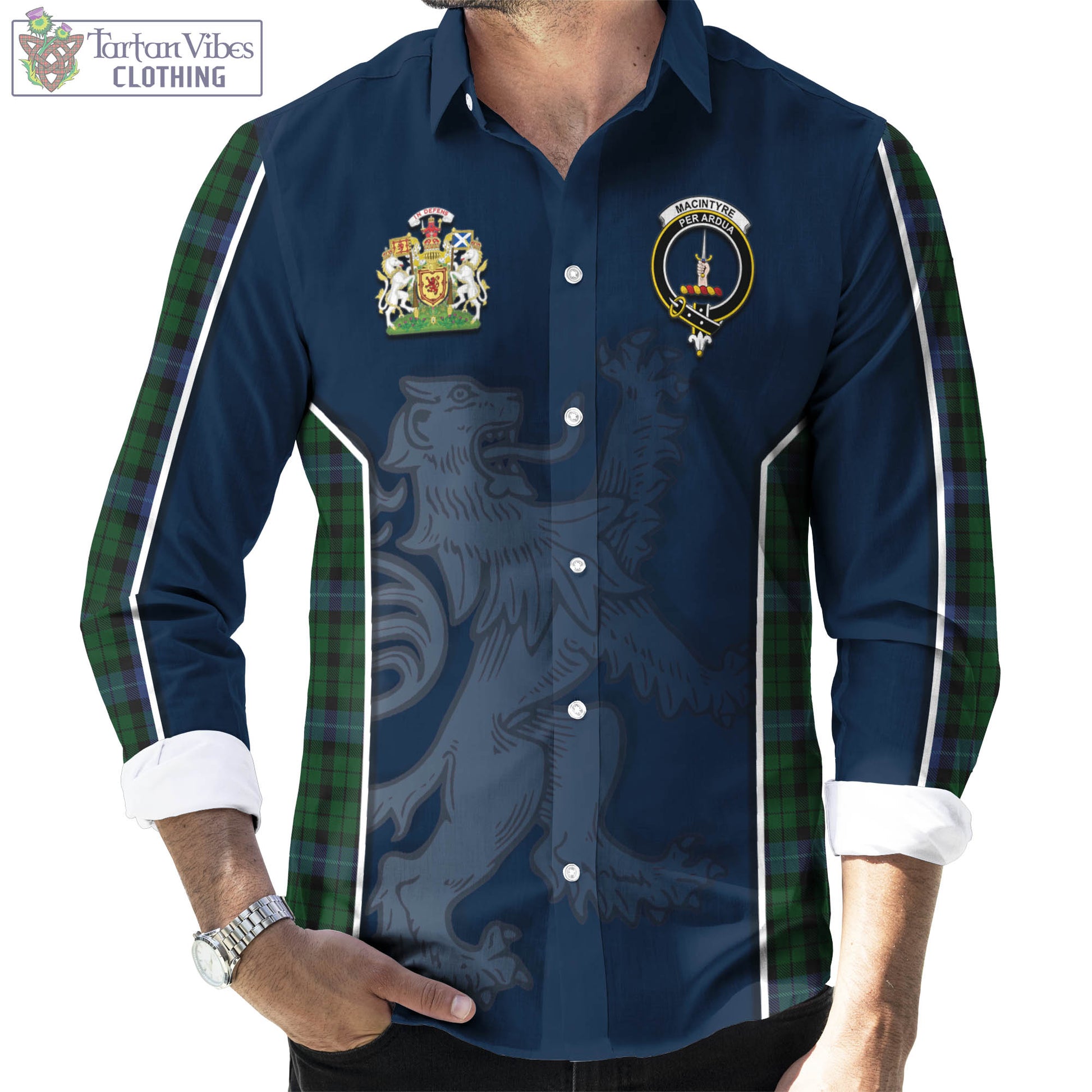 Tartan Vibes Clothing MacIntyre Tartan Long Sleeve Button Up Shirt with Family Crest and Lion Rampant Vibes Sport Style