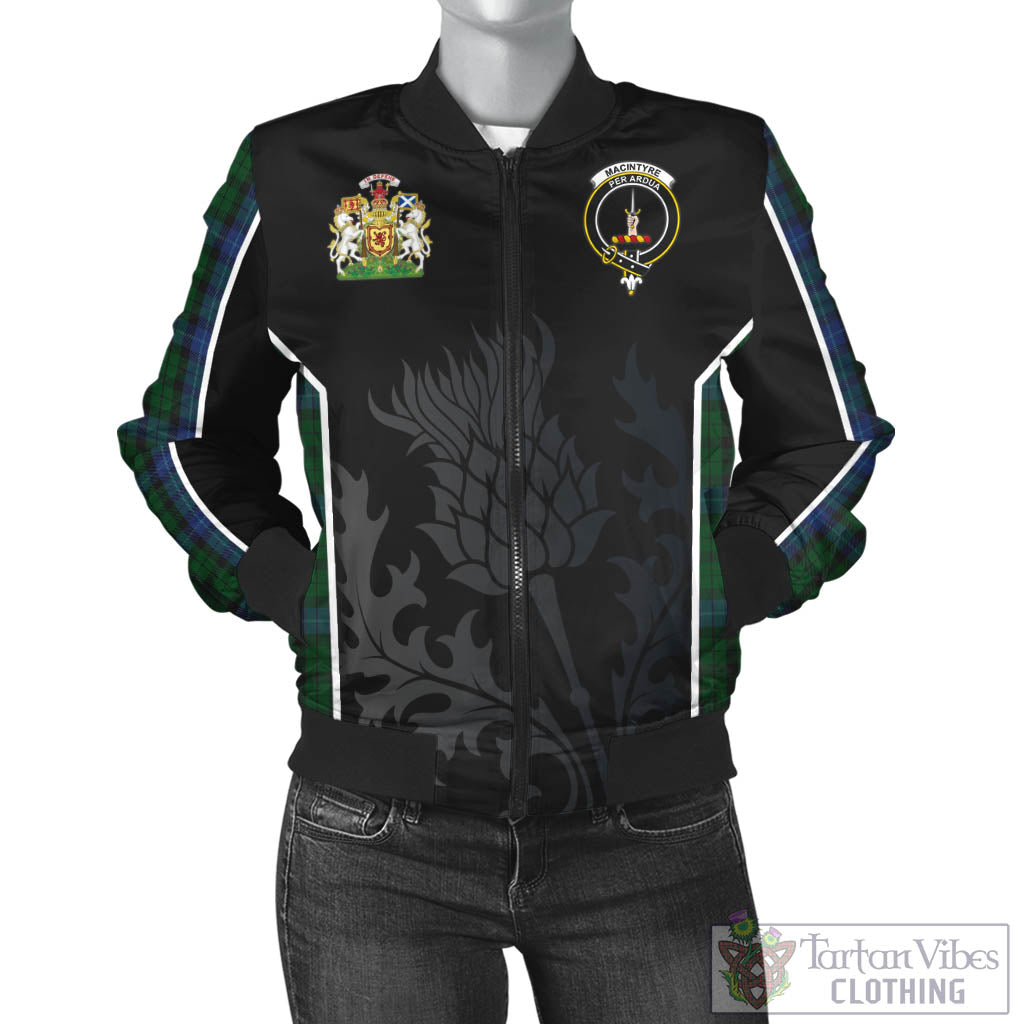 Tartan Vibes Clothing MacIntyre Tartan Bomber Jacket with Family Crest and Scottish Thistle Vibes Sport Style