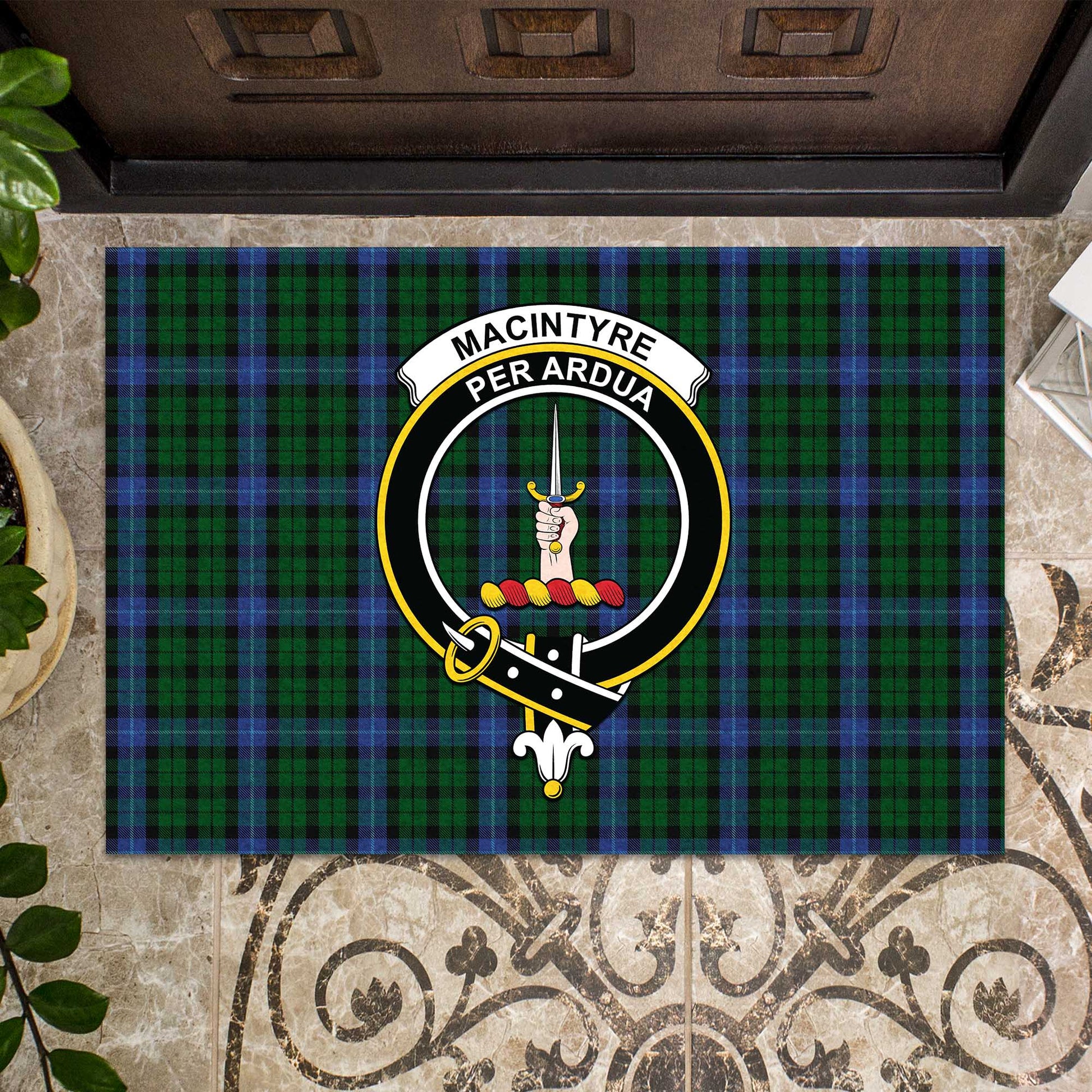 MacIntyre Tartan Door Mat with Family Crest - Tartanvibesclothing