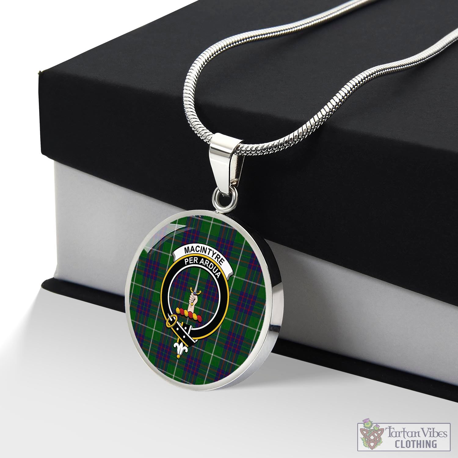 Tartan Vibes Clothing MacIntyre Hunting Tartan Circle Necklace with Family Crest