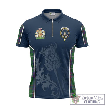 MacIntyre Hunting Tartan Zipper Polo Shirt with Family Crest and Scottish Thistle Vibes Sport Style