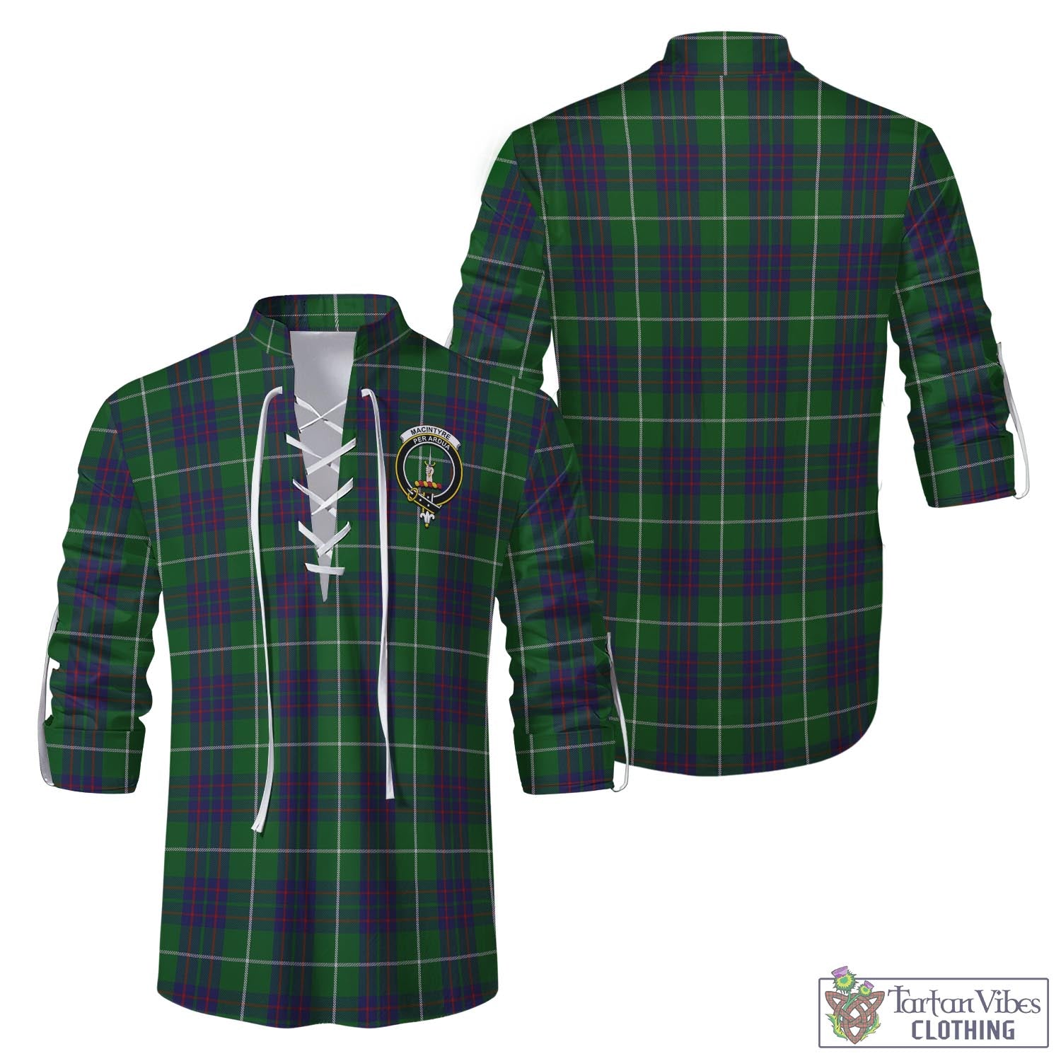 Tartan Vibes Clothing MacIntyre Hunting Tartan Men's Scottish Traditional Jacobite Ghillie Kilt Shirt with Family Crest