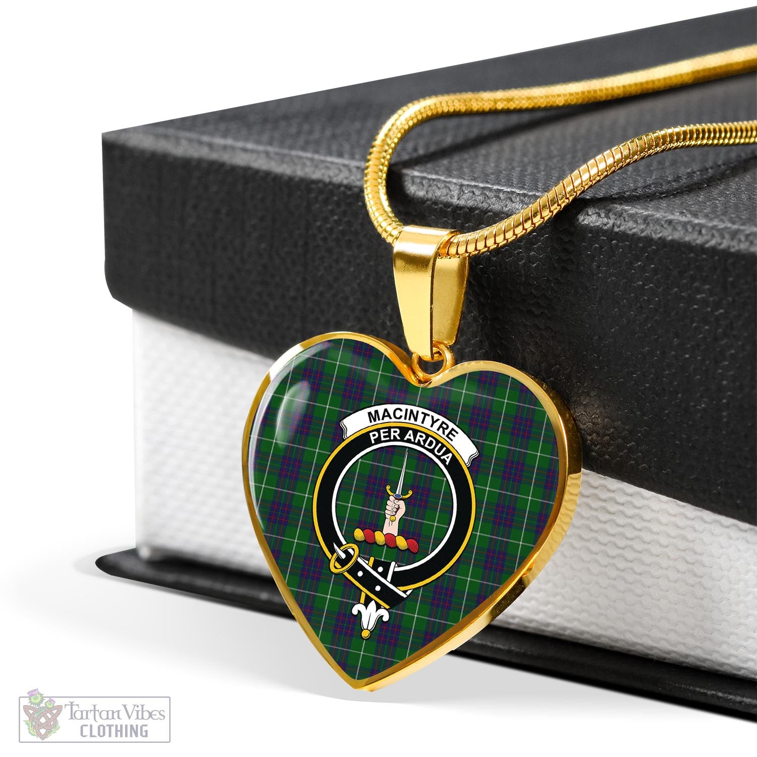 Tartan Vibes Clothing MacIntyre Hunting Tartan Heart Necklace with Family Crest