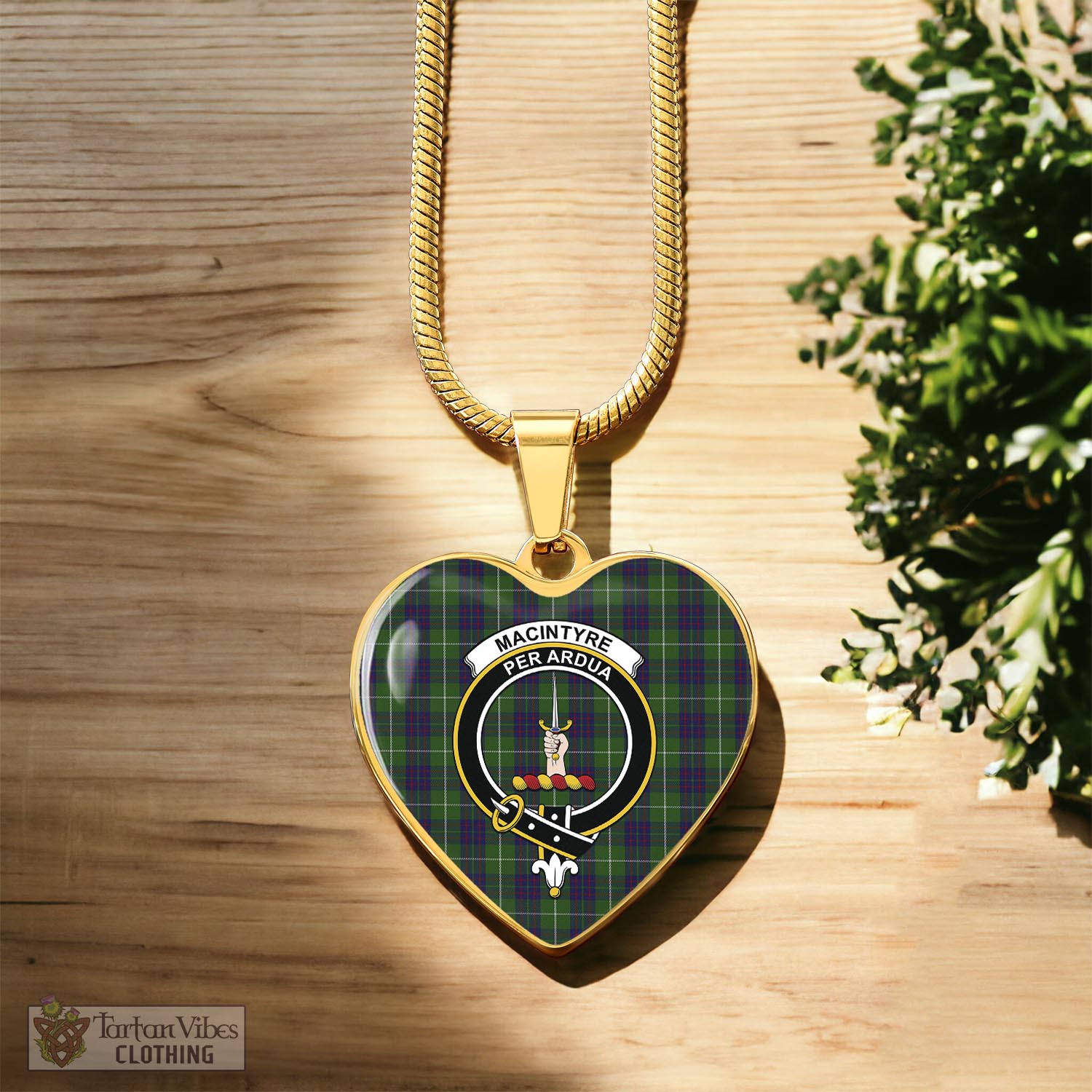 Tartan Vibes Clothing MacIntyre Hunting Tartan Heart Necklace with Family Crest