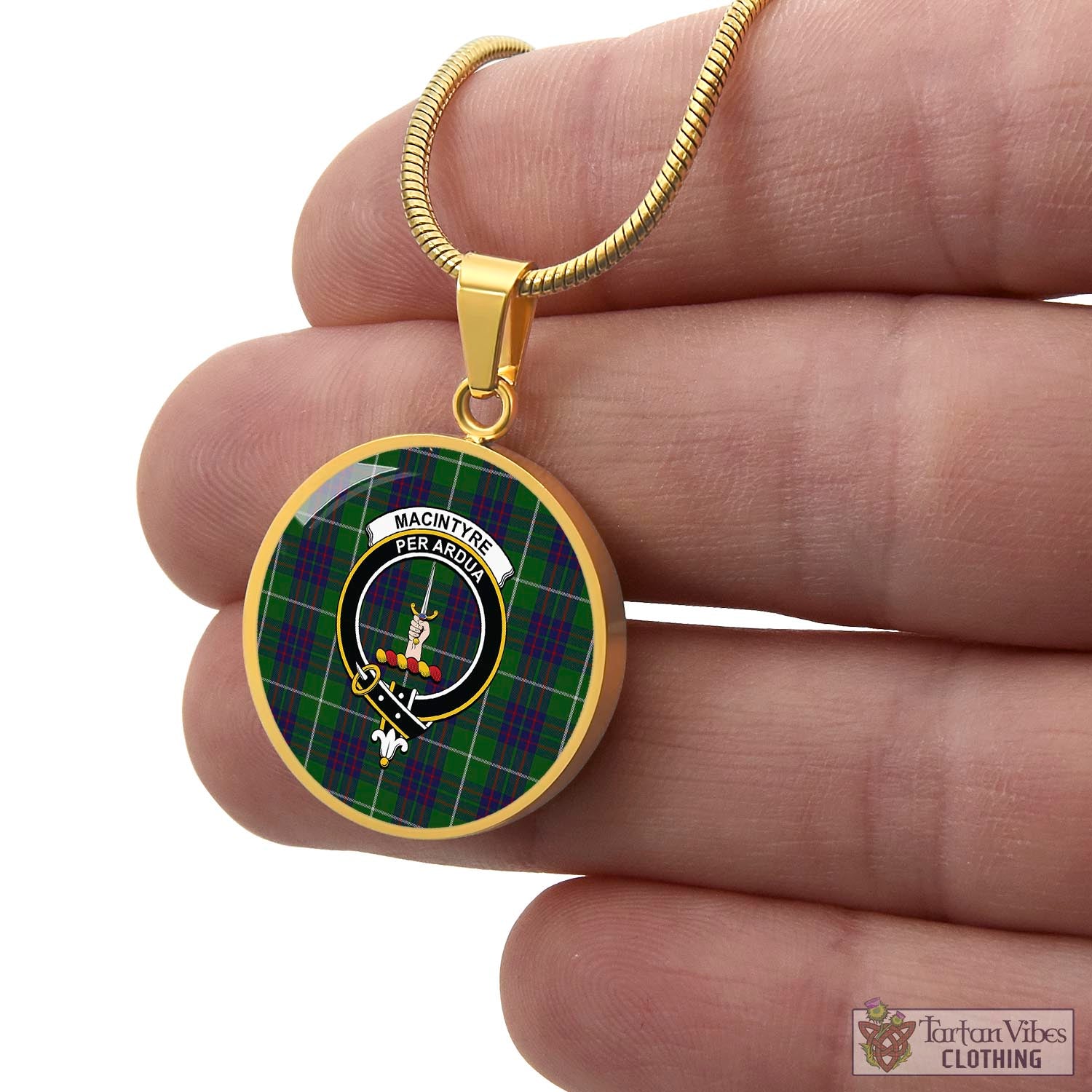 Tartan Vibes Clothing MacIntyre Hunting Tartan Circle Necklace with Family Crest