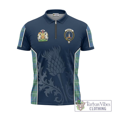 MacIntyre Hunting Ancient Tartan Zipper Polo Shirt with Family Crest and Scottish Thistle Vibes Sport Style