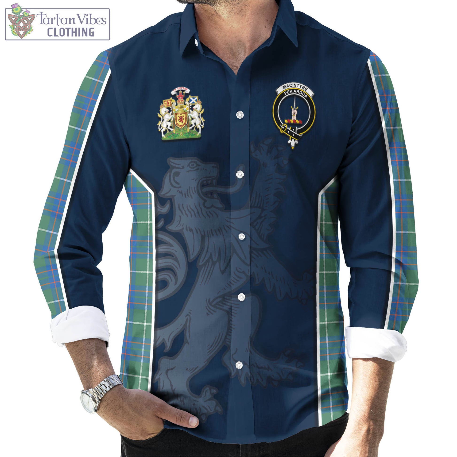 Tartan Vibes Clothing MacIntyre Hunting Ancient Tartan Long Sleeve Button Up Shirt with Family Crest and Lion Rampant Vibes Sport Style