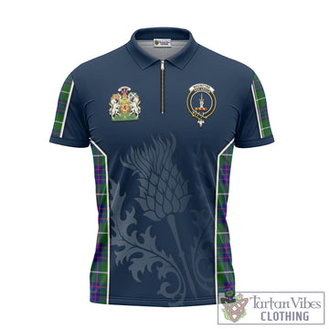MacIntyre Hunting Modern Tartan Zipper Polo Shirt with Family Crest and Scottish Thistle Vibes Sport Style