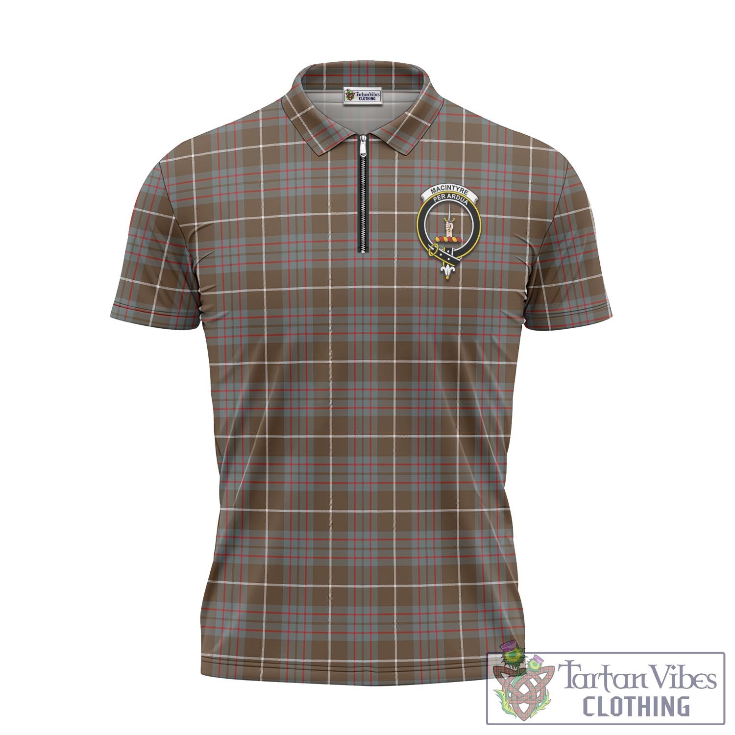 Tartan Vibes Clothing MacIntyre Hunting Weathered Tartan Zipper Polo Shirt with Family Crest