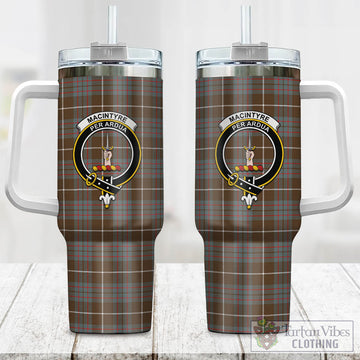 MacIntyre Hunting Weathered Tartan and Family Crest Tumbler with Handle
