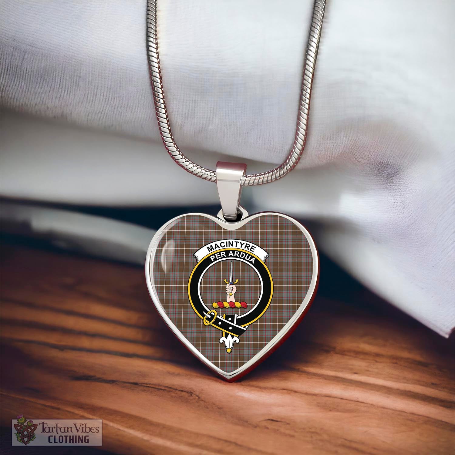 Tartan Vibes Clothing MacIntyre Hunting Weathered Tartan Heart Necklace with Family Crest