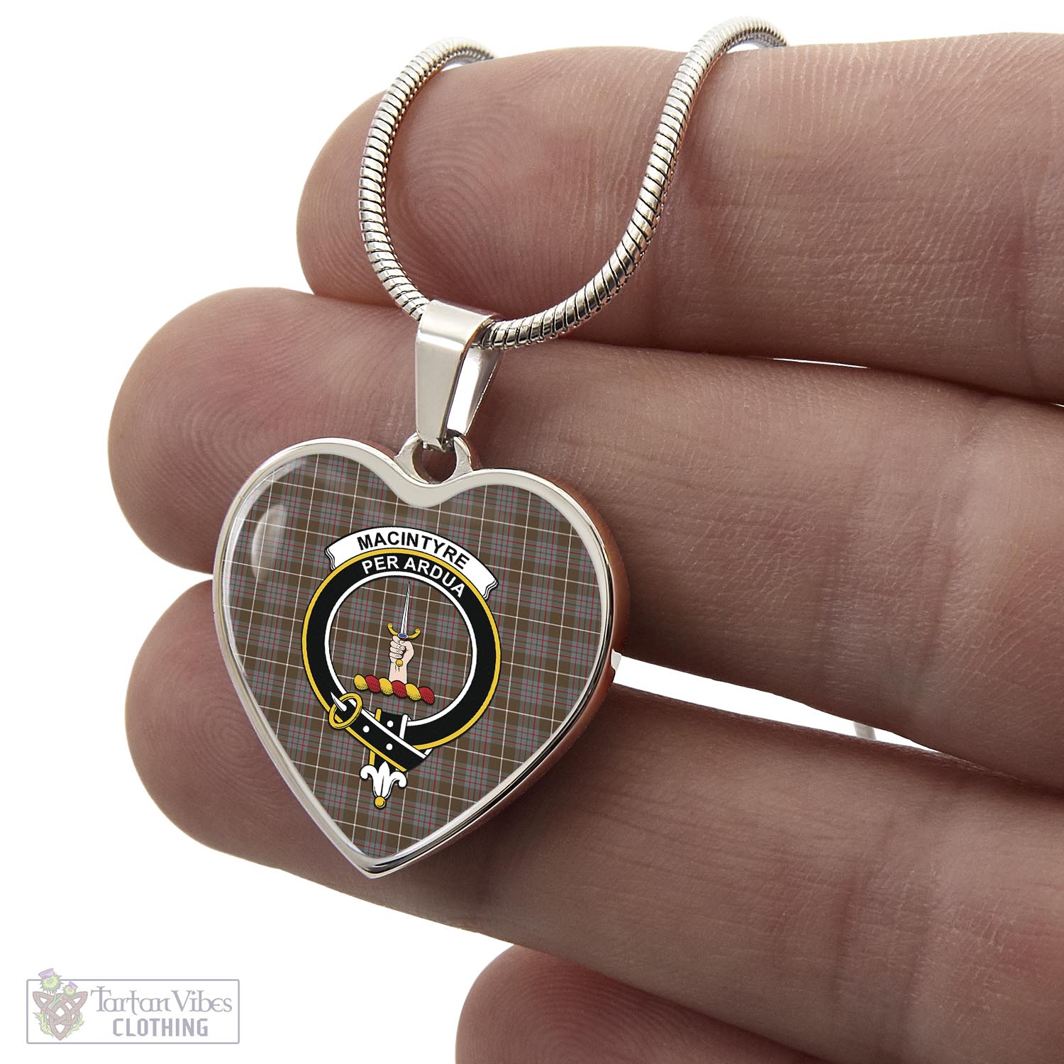 Tartan Vibes Clothing MacIntyre Hunting Weathered Tartan Heart Necklace with Family Crest