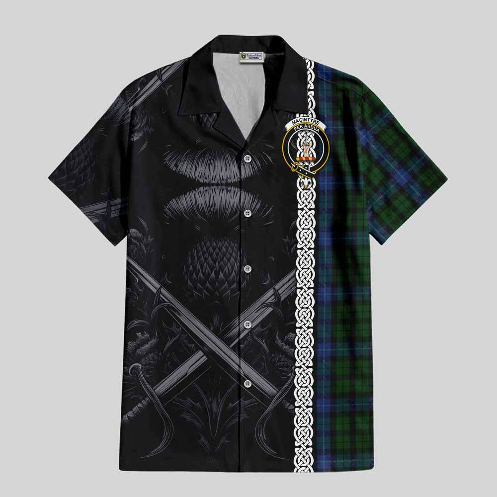 Tartan Vibes Clothing MacIntyre (McIntyre) Tartan Short Sleeve Button Shirt with Family Crest Cross Sword Thistle Celtic Vibes