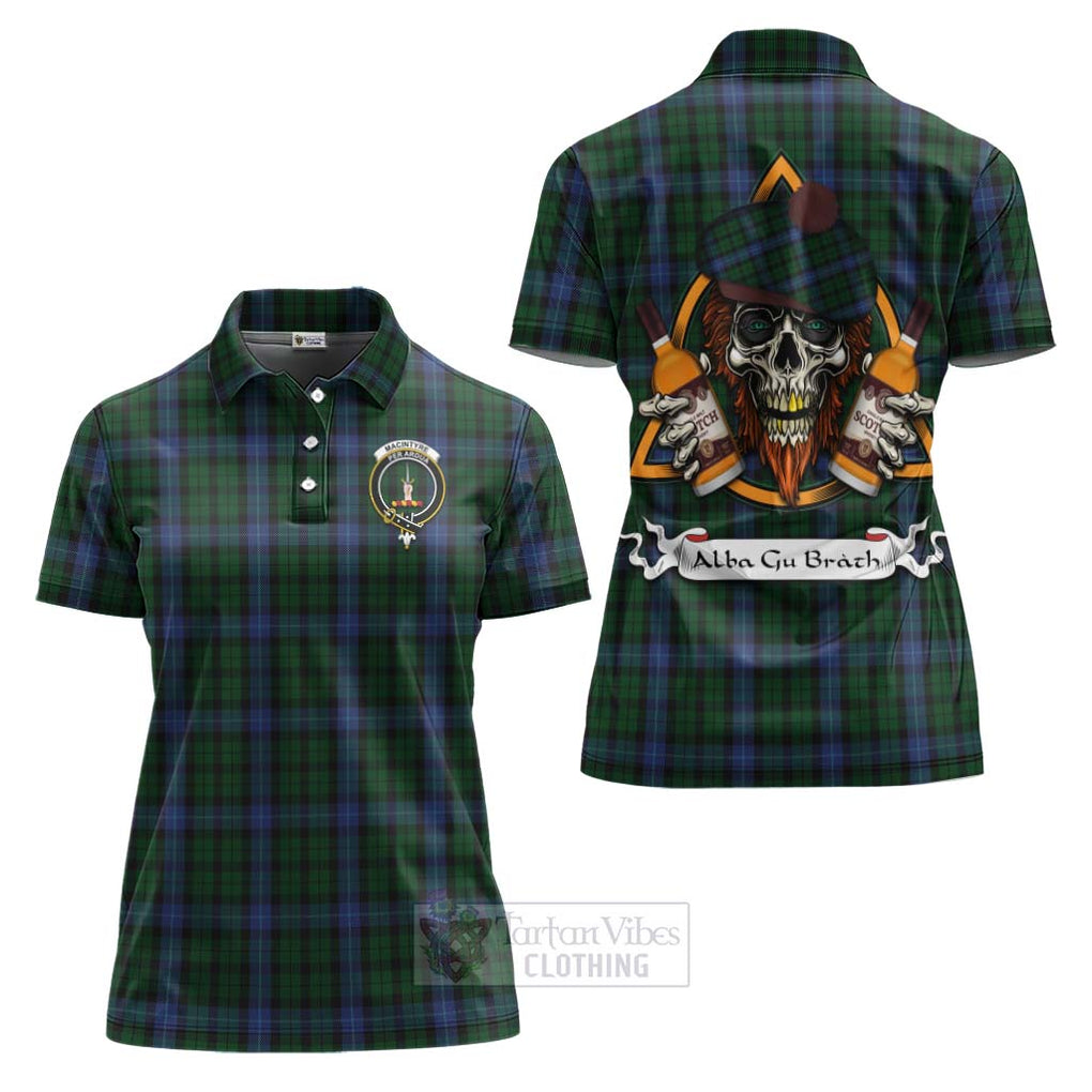 Tartan Vibes Clothing MacIntyre (McIntyre) Tartan Women's Polo Shirt with Family Crest and Bearded Skull Holding Bottles of Whiskey