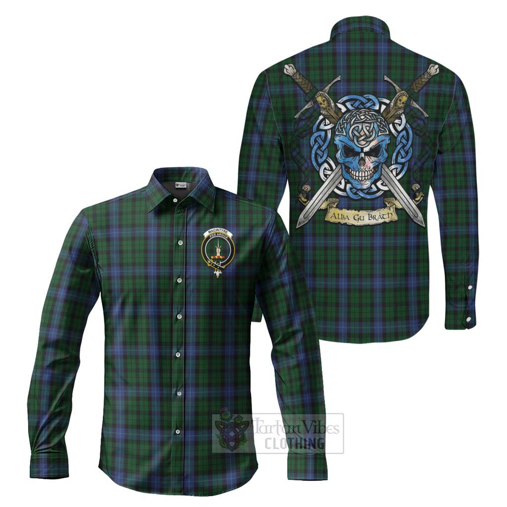 Tartan Vibes Clothing MacIntyre (McIntyre) Tartan Long Sleeve Button Shirt with Family Crest Celtic Skull Style