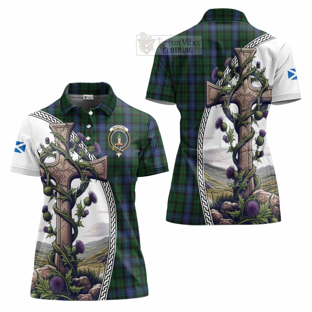 Tartan Vibes Clothing MacIntyre (McIntyre) Tartan Women's Polo Shirt with Family Crest and St. Andrew's Cross Accented by Thistle Vines