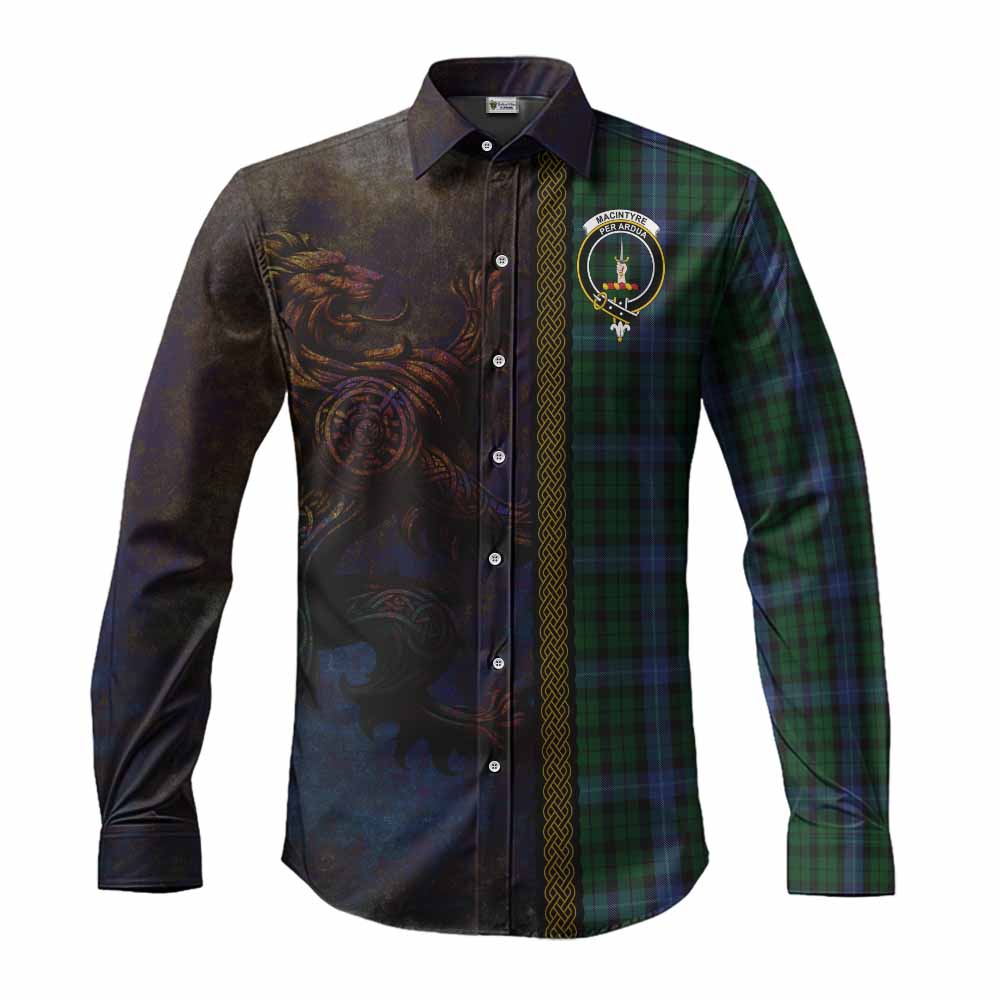 Tartan Vibes Clothing MacIntyre (McIntyre) Tartan Family Crest Long Sleeve Button Shirt Alba Gu Brath Be Brave Lion Ancient Style